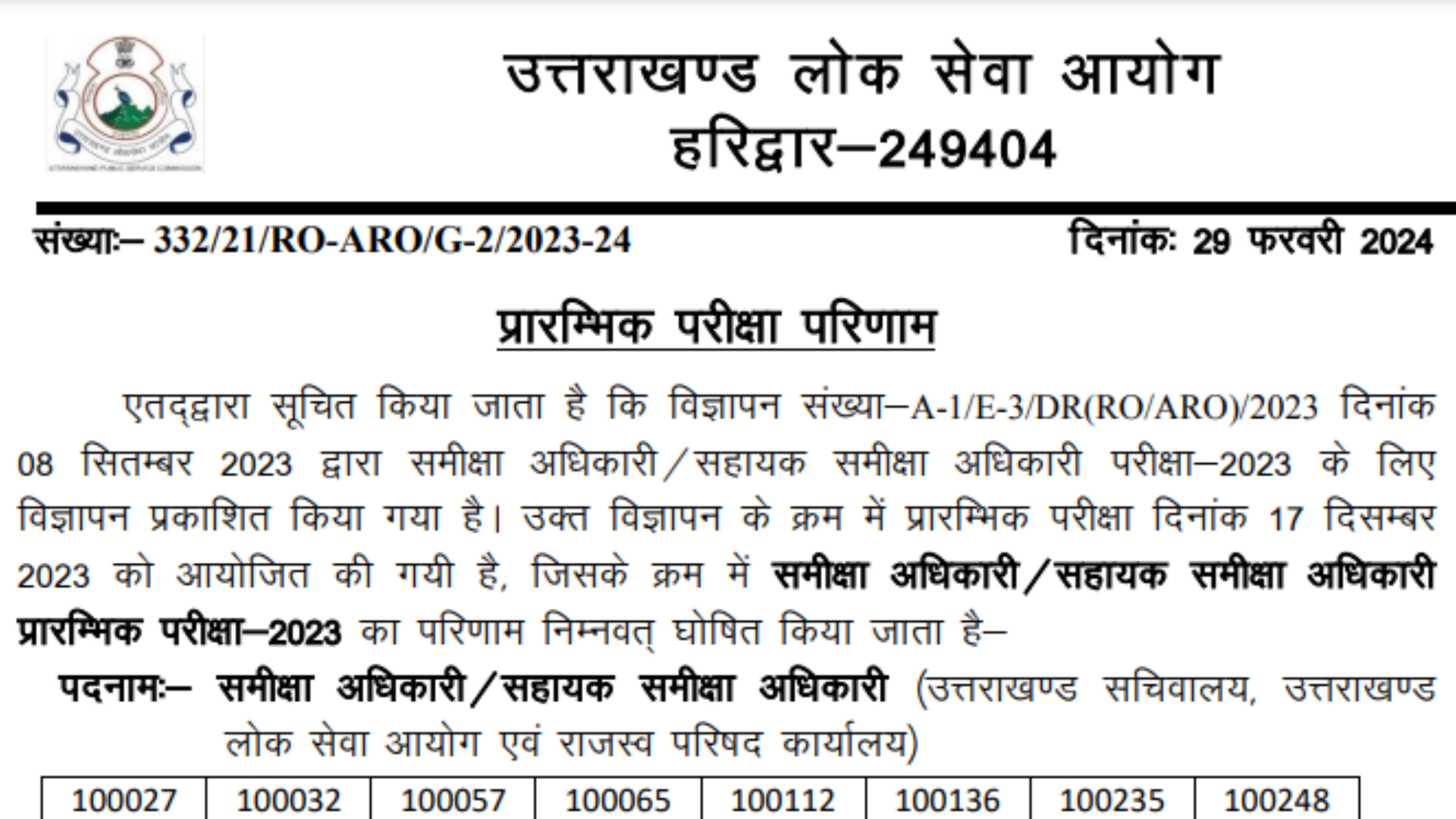 UKPSC Uttarakhand Review Officer RO and Assistant Review Officer ARO Examination 2023 Pre Result with Marks 2024 for 137 Post