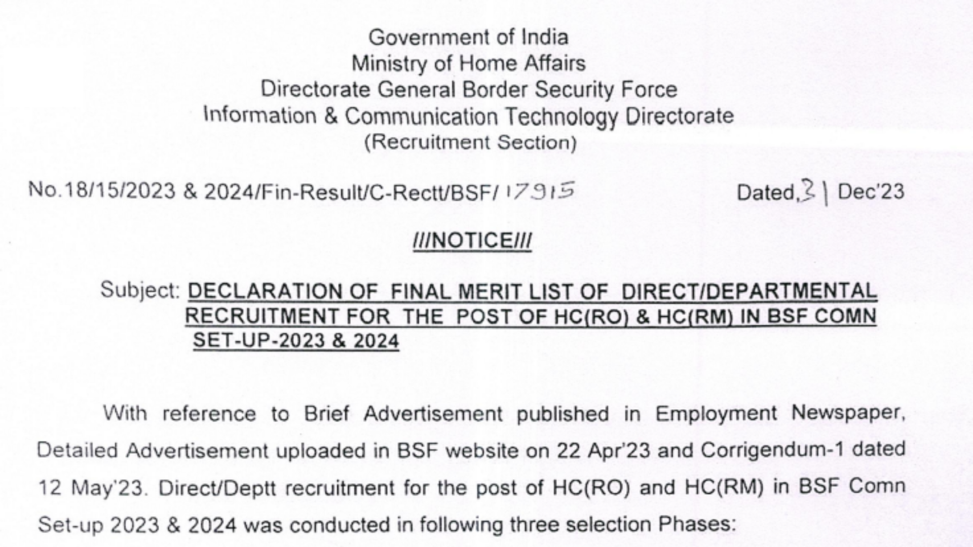 BSF HC RO RM Final Result 2023 OUT, Download Merit List and Cutoff PDF