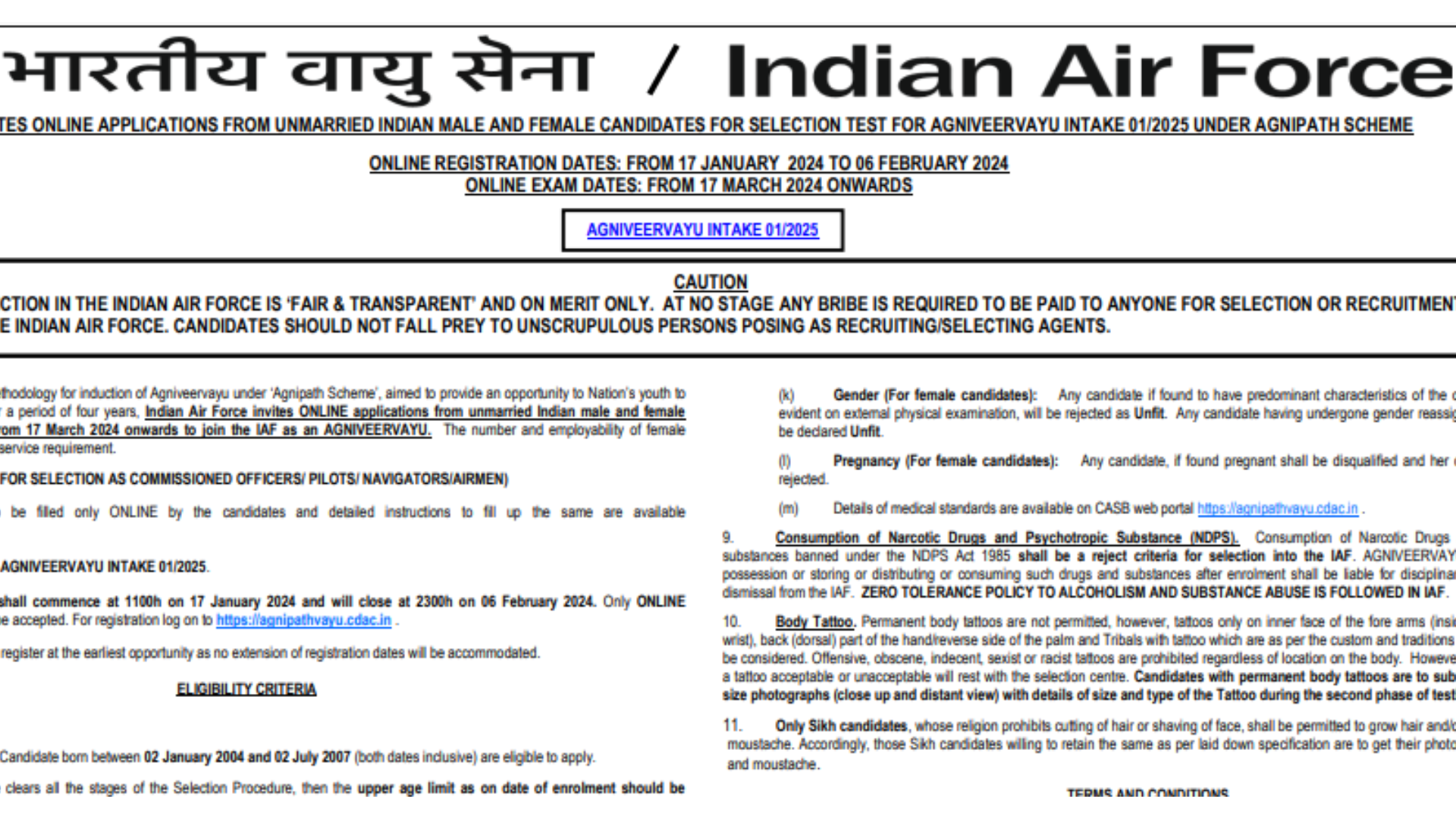 Air Force Agniveer Recruitment 1/2025 Notification Released, Apply Online