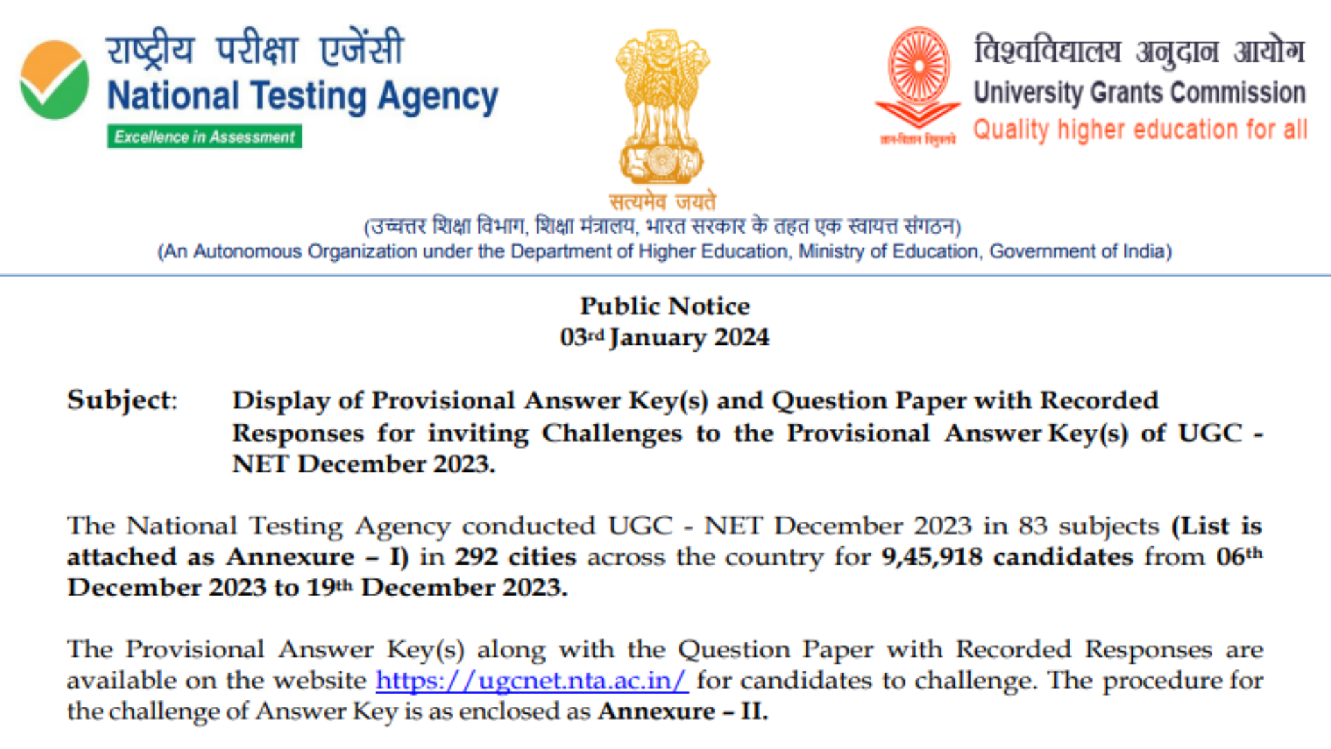 UGC NET / JRF December 2023 Exam Result with Score Card 2024