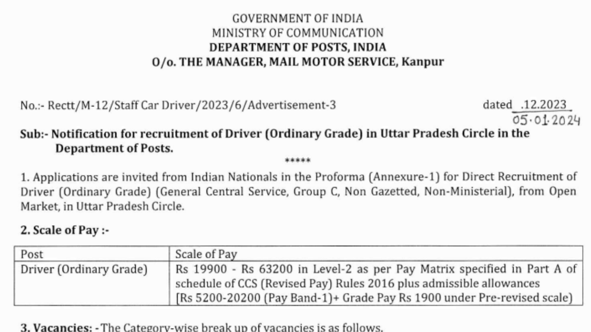 India Post Driver Recruitment 2024 UP Circle Notification and Offline Form