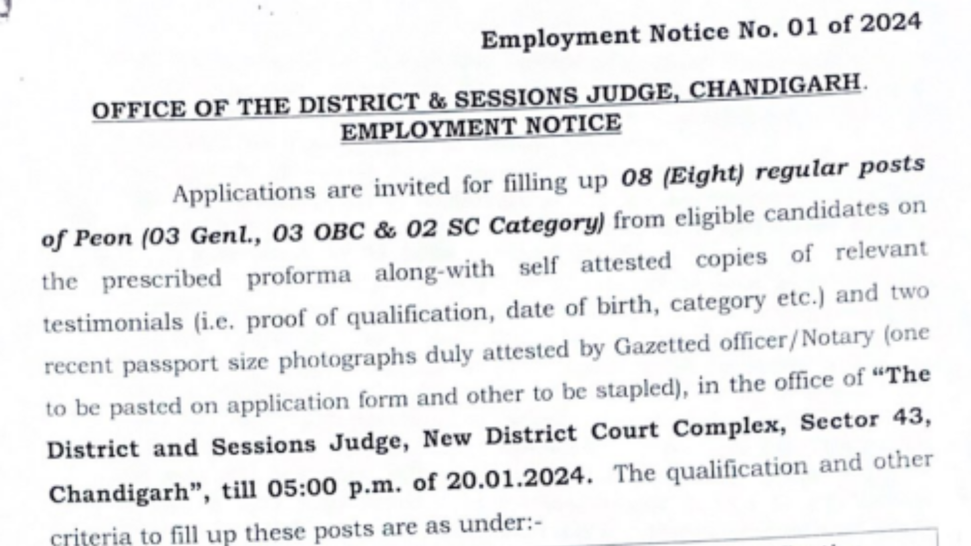 Chandigarh District Court Recruitment 2024 Peon Notification Out, Download Application Form