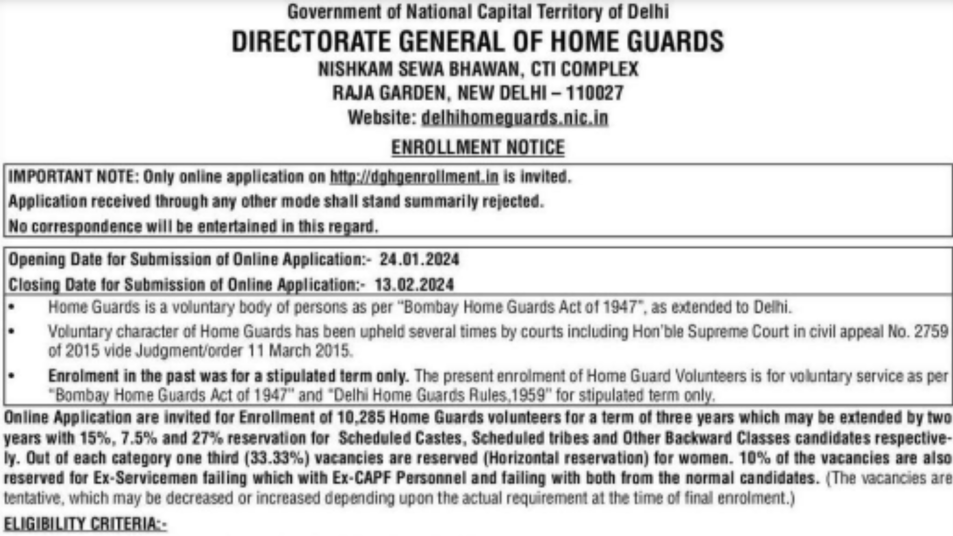 Delhi Home Guard Recruitment 2024 [10285 Post] Notification Out, Apply Online