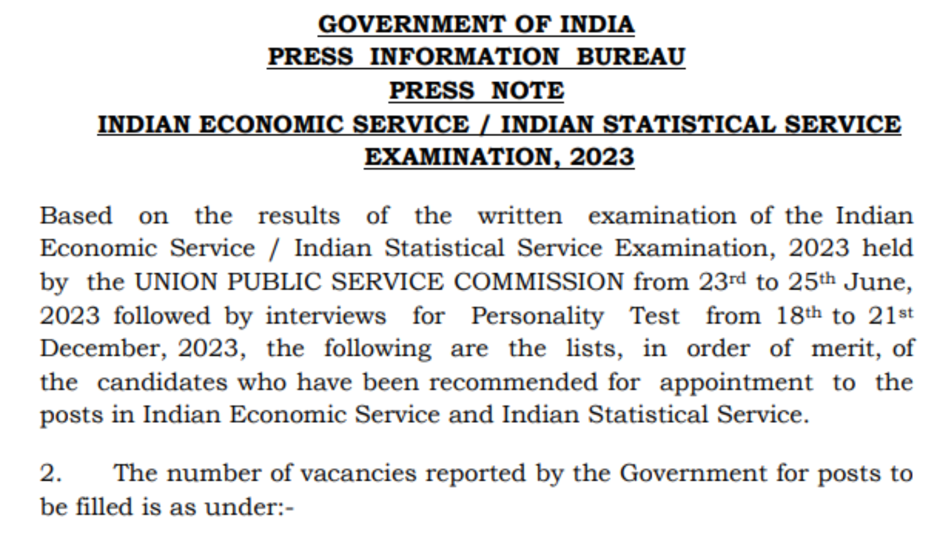UPSC Indian Economic Service IES and Indian Statistical Service ISS Examination 2023 Final Result for 51 Post
