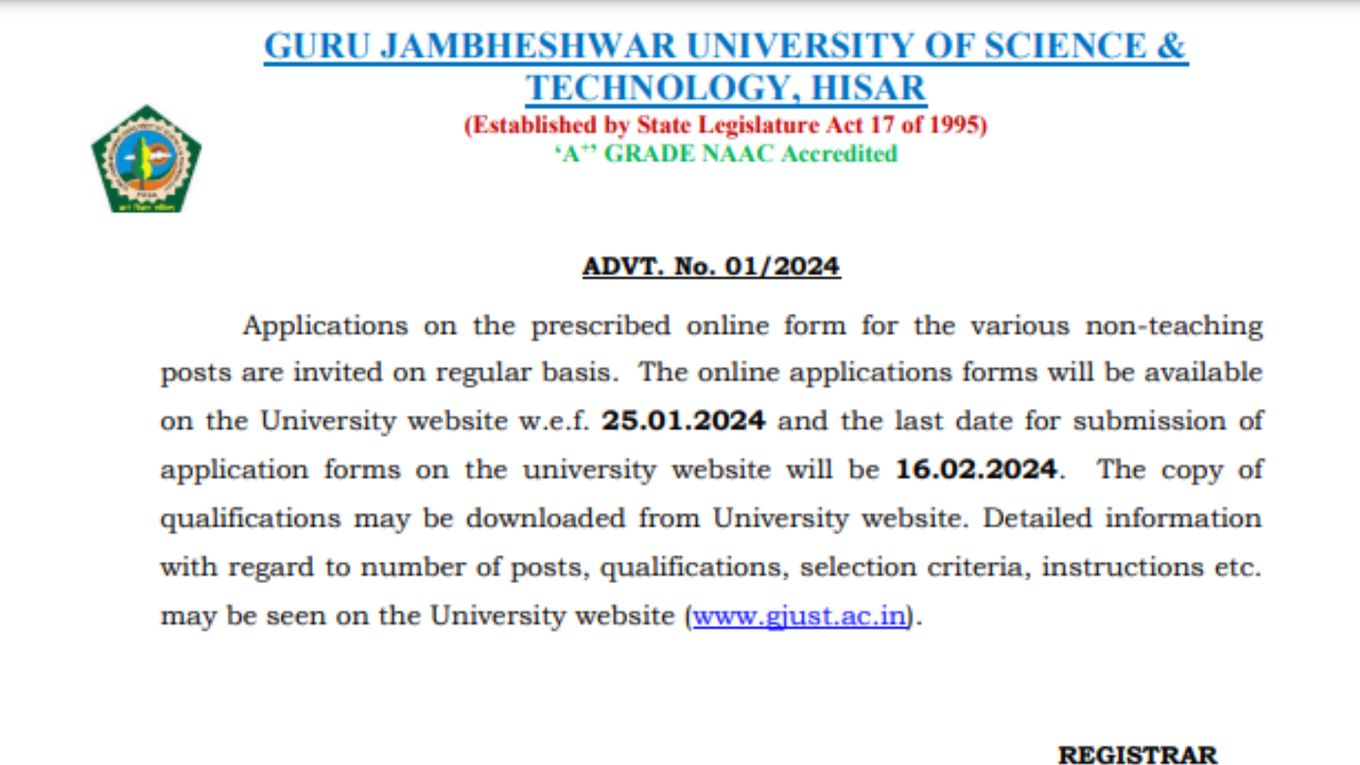 GJU Hisar Non-Teaching Recruitment 2024 Notification Out, Apply Online