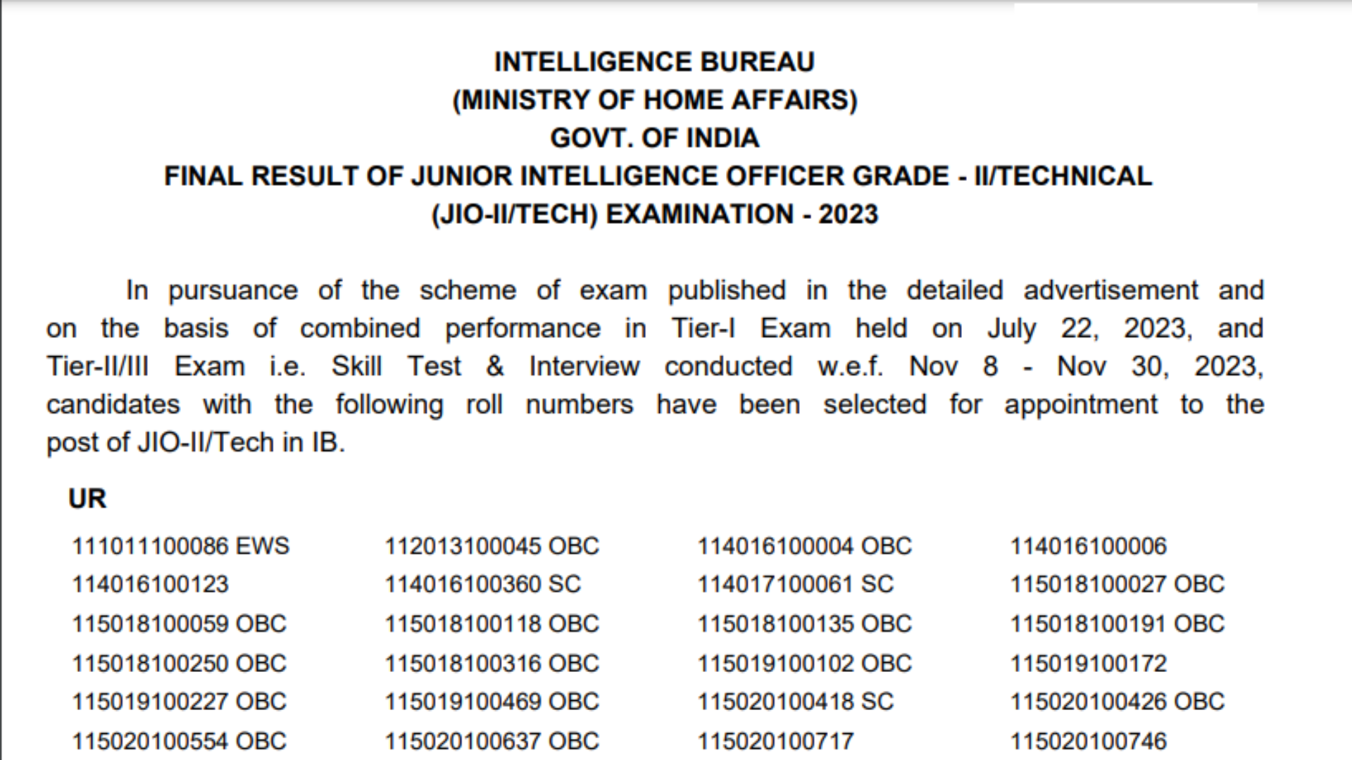 Intelligence Bureau IB Junior Intelligence Officer JIO / Technical Recruitment 2023 Final Result 797 Post