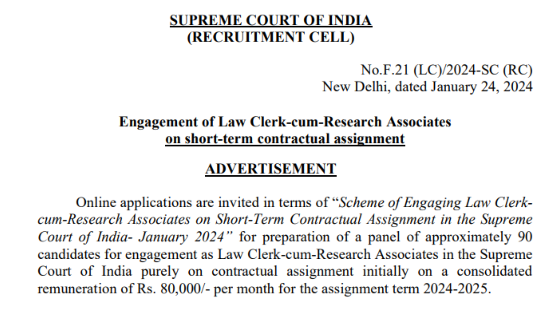 Supreme Court of India SCI Law Clerk Recruitment 2024 Apply Online for 90 Post