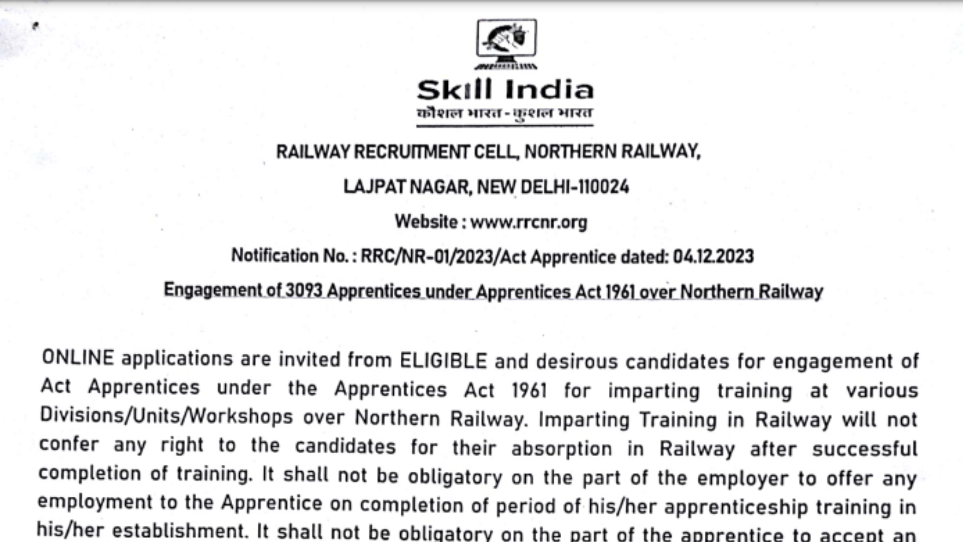 Indian Railway Northern Region RRC Delhi Act Apprentices Notification 2023-2024 Cutoff and Status for 3093 Post