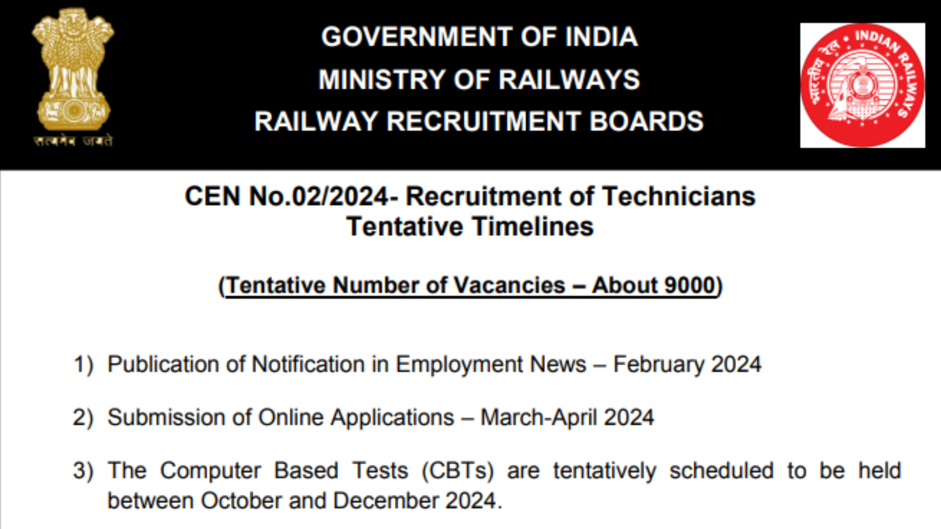 RRB Technician Recruitment 2024 [9144 Post] Notification and Online Application Form