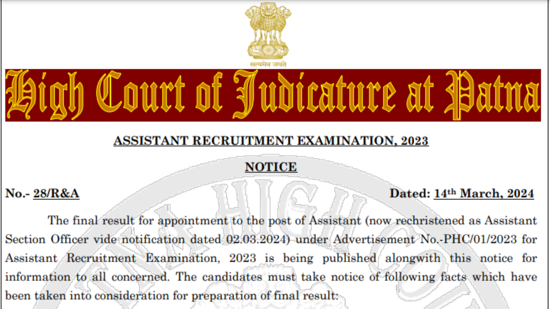Patna High Court Assistant Recruitment 2023 Final Result 2024 for 550 Post