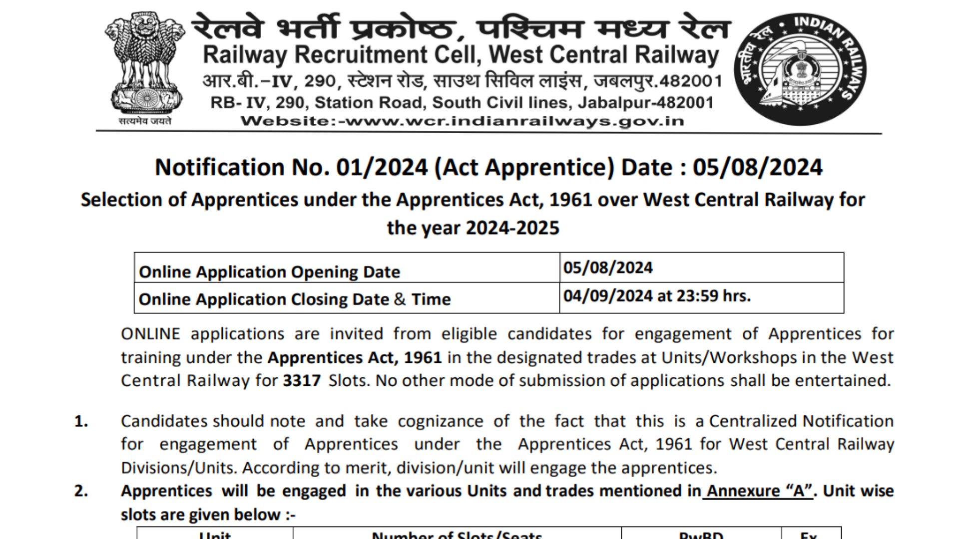 West Central Railway RRC WCR Various Trade Apprentices 2024 Apply Online for 3317 Post