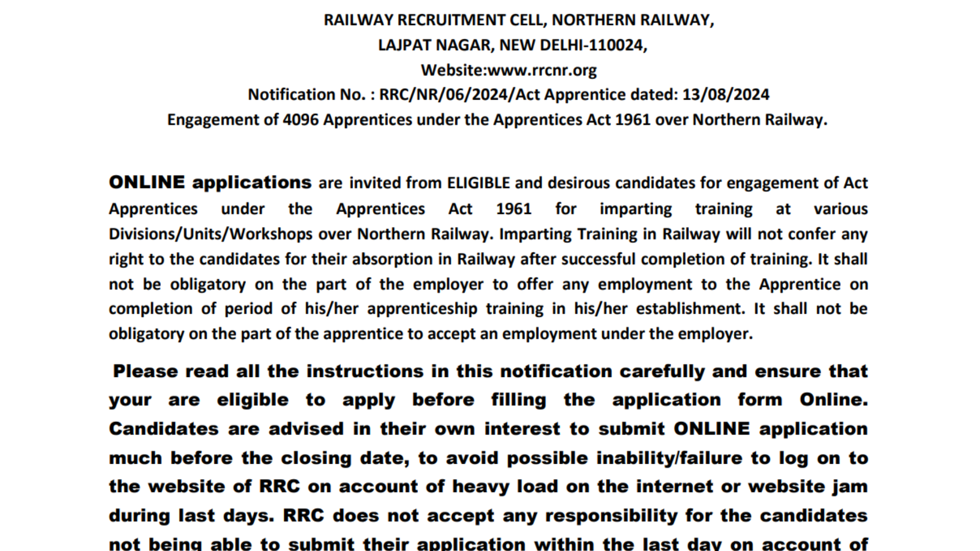 RRC NR Apprentice Recruitment 2024 [4096 Post] Notification and Online Application Form