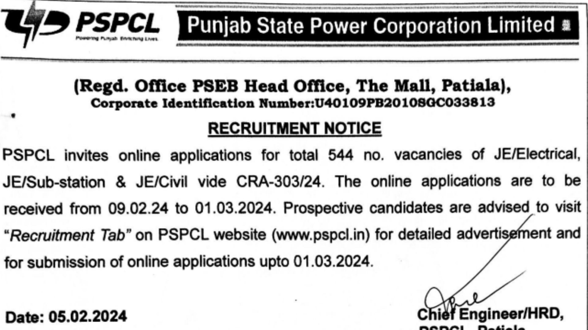PSPCL JE Recruitment 2024 [544 Post] Notification Out, Apply Online