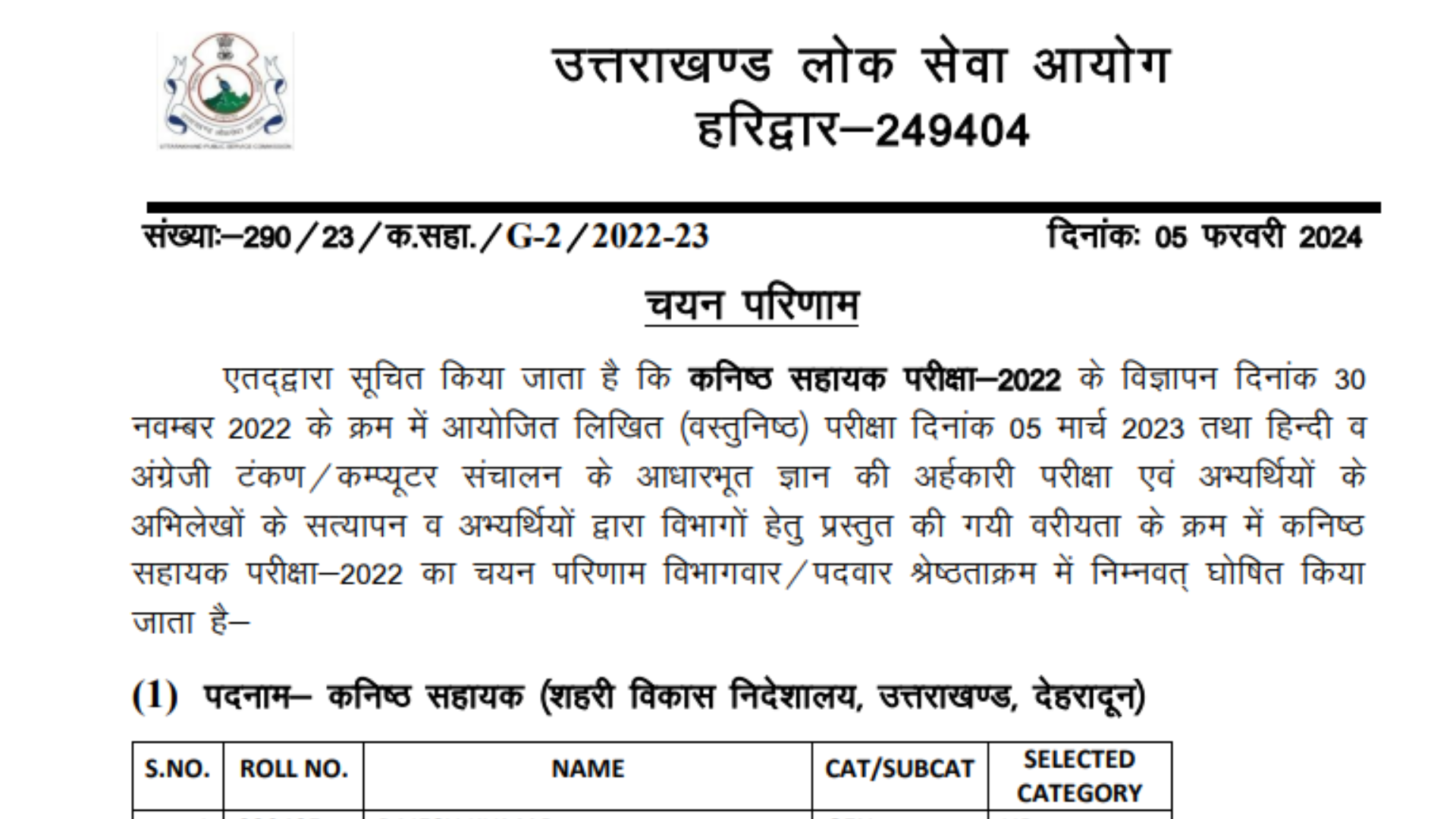 UKPSC Uttarakhand 10+2 Junior Assistant Recruitment 2022 Result, Marks and Cutoff 2024 for 445 Post