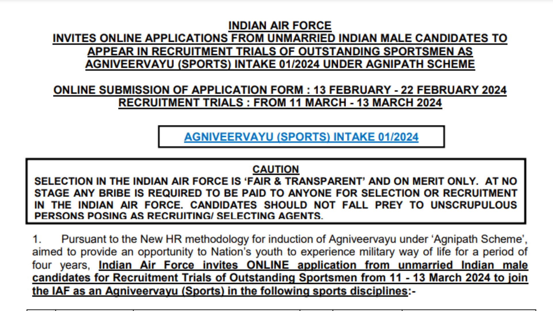 Air Force Agniveer Sports Quota Recruitment 2024 Notification and Application Form for Intake 01/2024