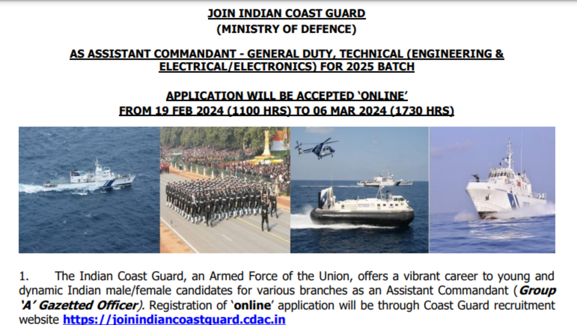 Coast Guard Assistant Commandant Recruitment 2024 Notification Out, Apply Online