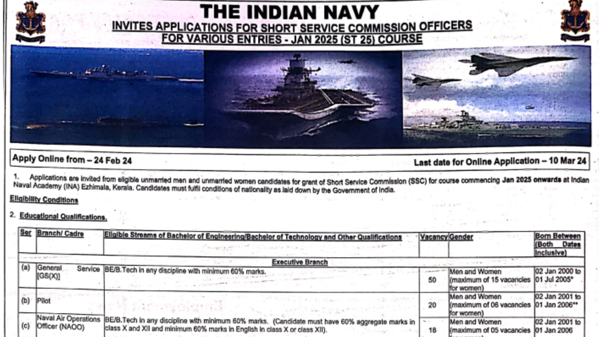 Indian Navy Navy SSC Officer Recruitment 2024 Notification and Online Application Form