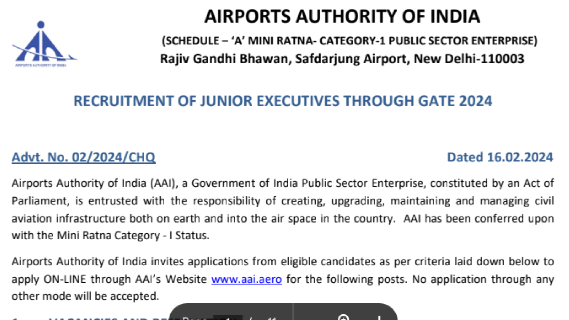 AAI Junior Executive Recruitment 2024 Through GATE: Notification, and Online Application Form