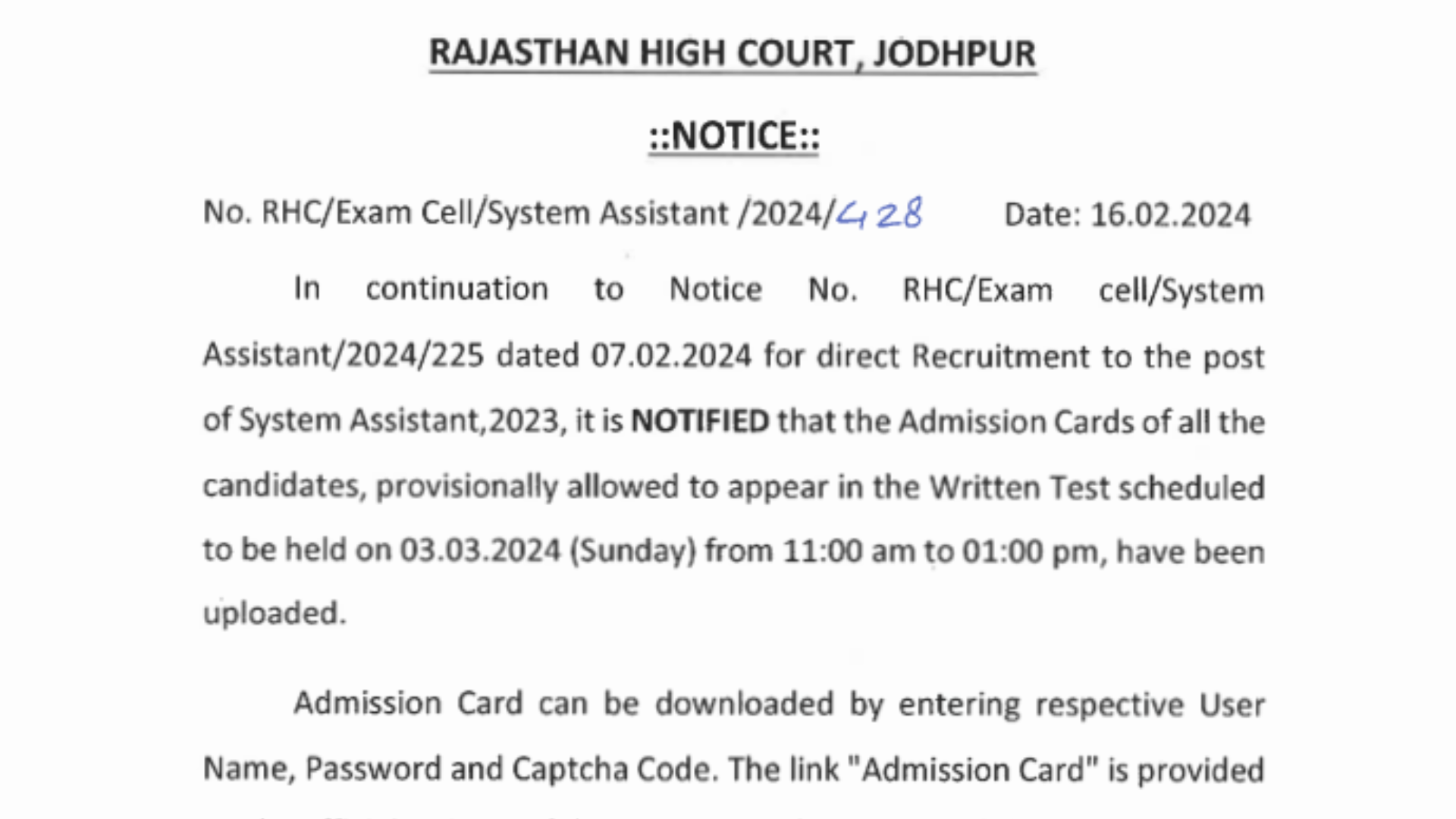 Rajasthan High Court RHC System Assistant Recruitment 2024 Result for 230 Post