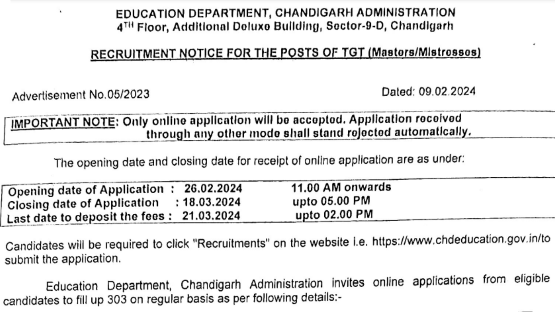 Chandigarh TGT Recruitment 2024 [303 Post] Notification and Online Application Form