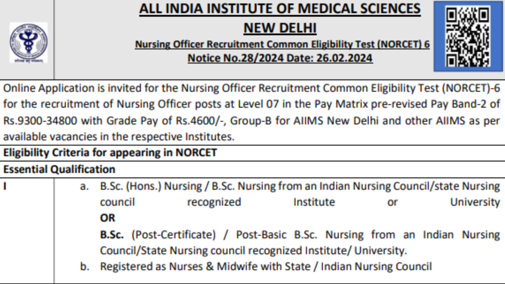 AIIMS NORCET 2024 Notification Out for 6th Phase, Apply Online Start