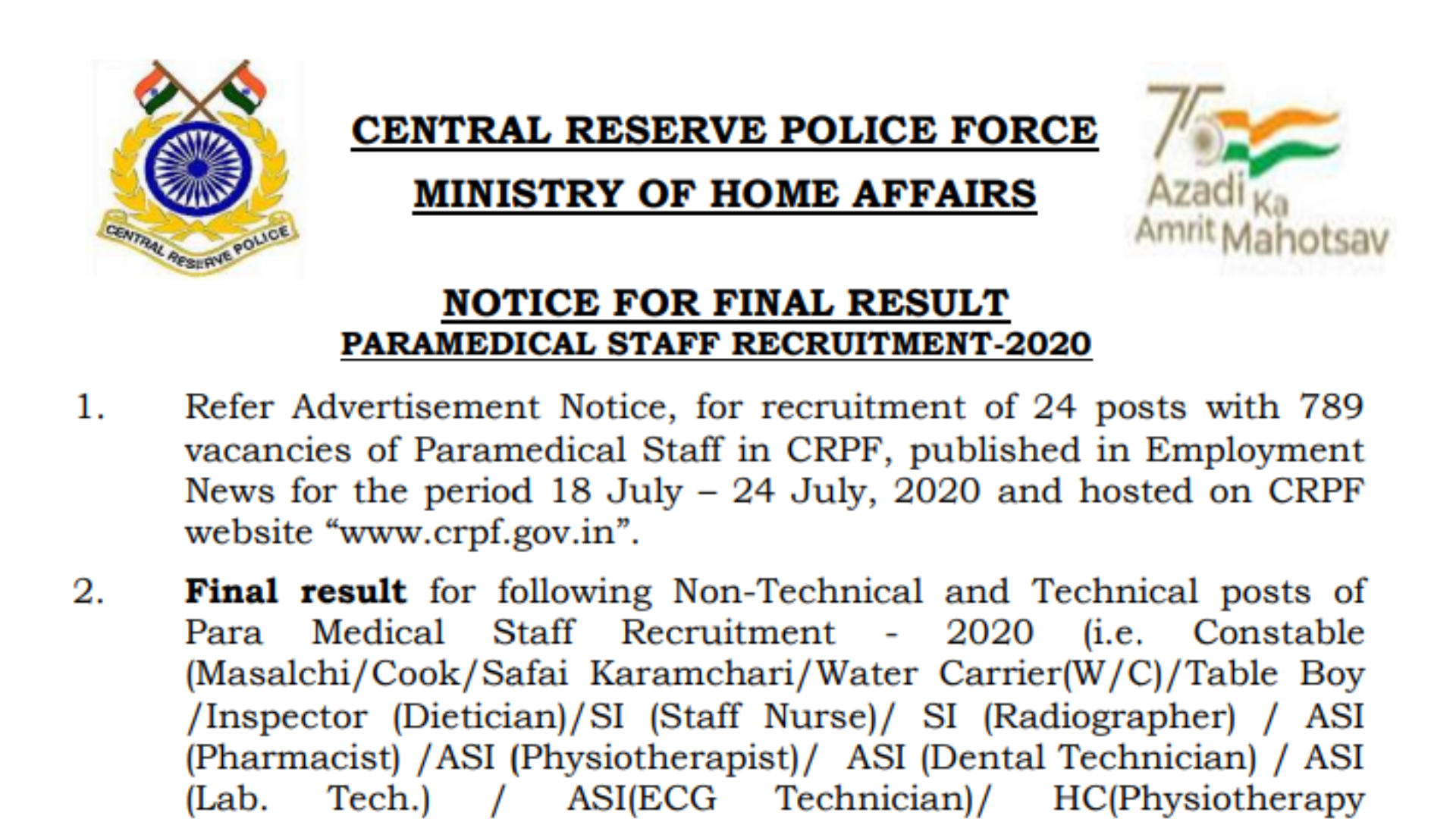 CRPF Paramedical Staff Final Result 2024 Out, Download Merit List PDF