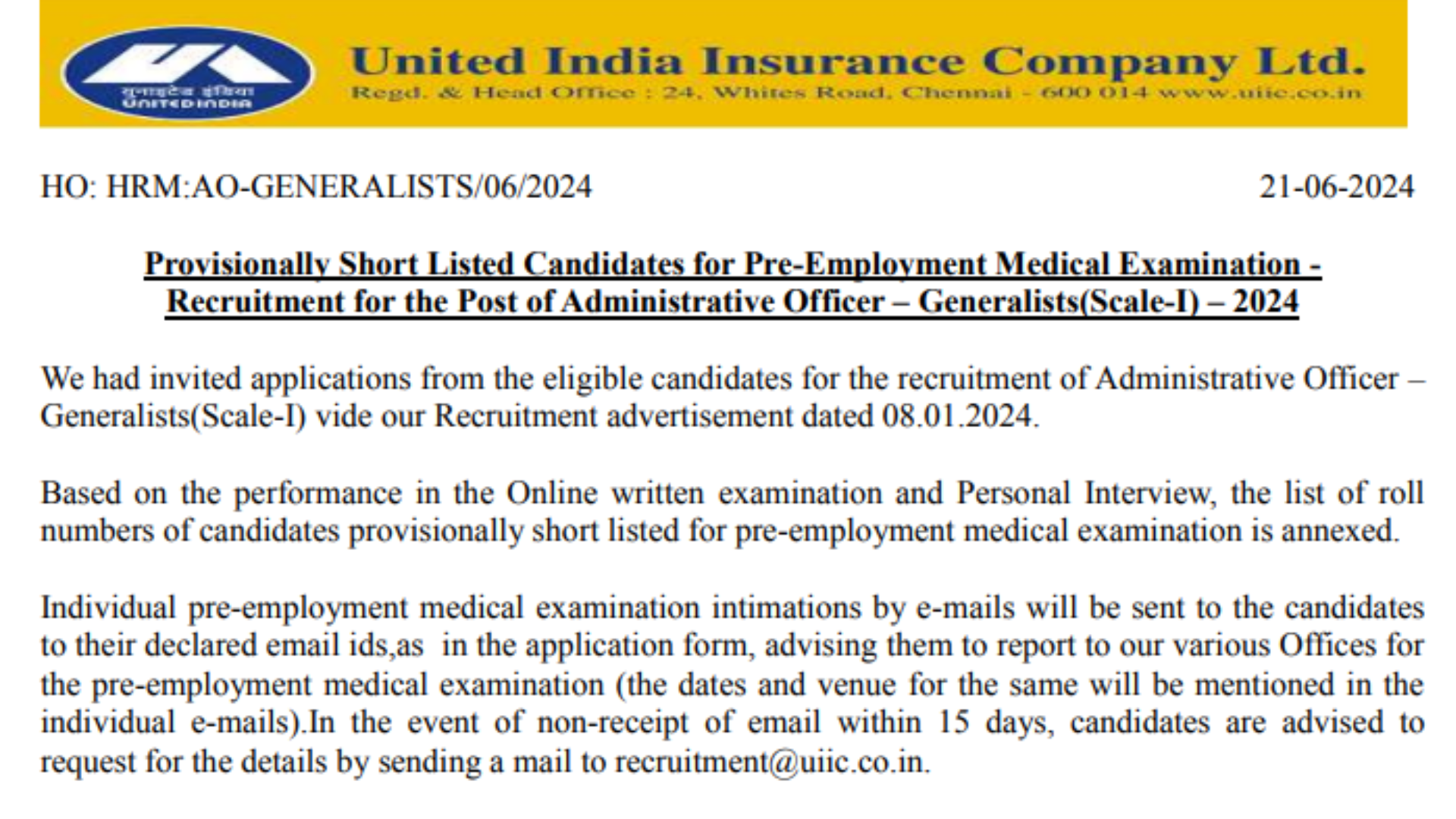 UIIC AO Final Result 2024 Out, Download Merit List PDF