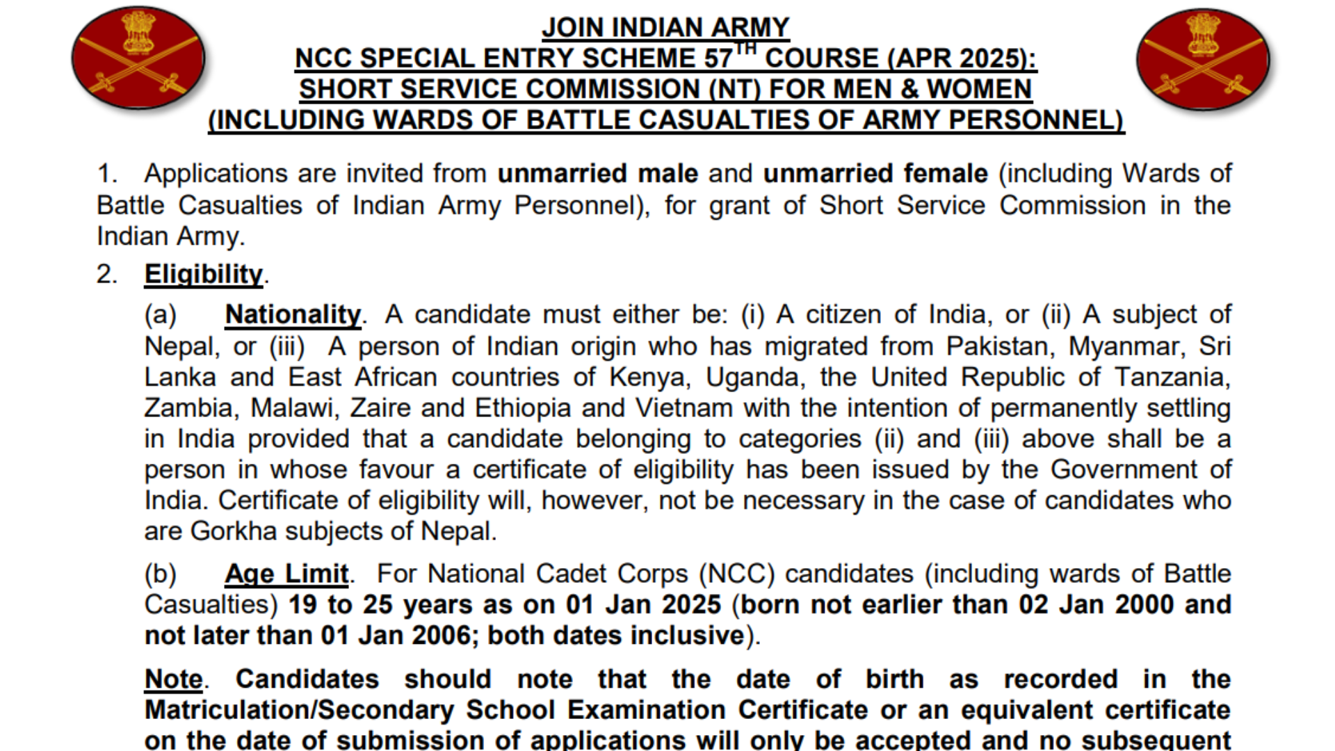 Army NCC Special Entry Scheme 2024; 57th Course Notification and Online Form