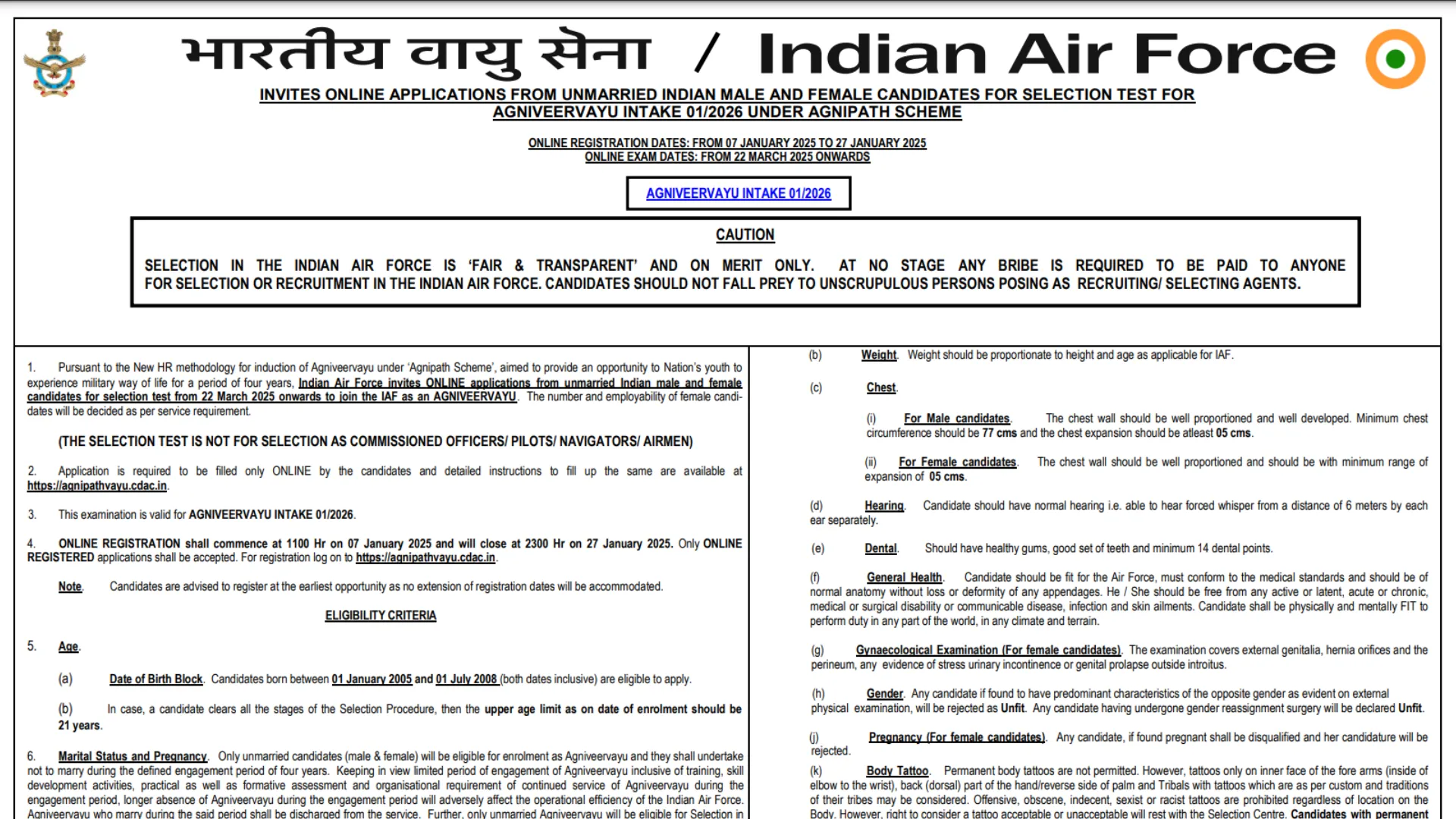 Indian Air Force Agniveer 01/2026 Notification OUT, Apply Online