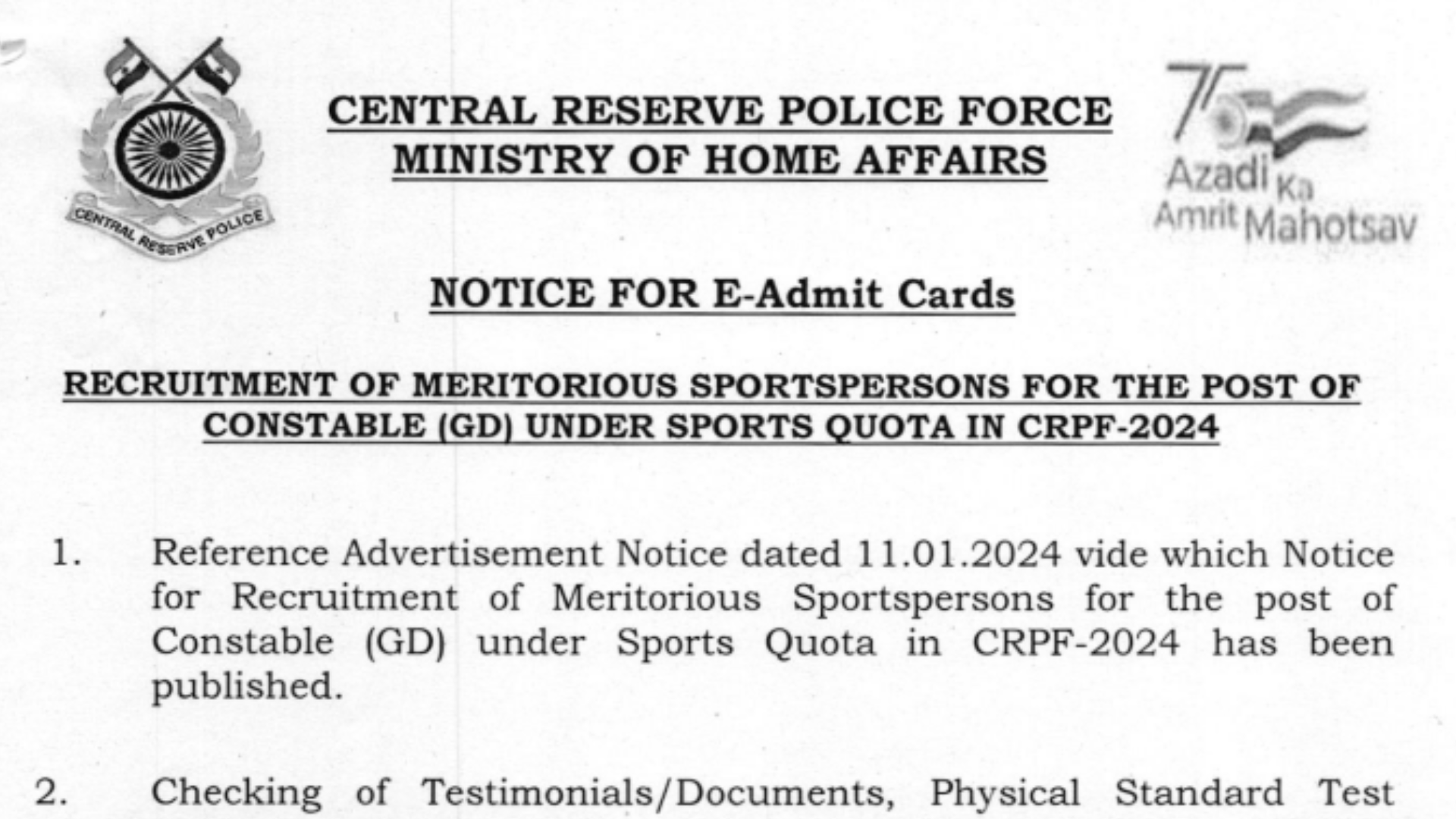 CRPF Sports Quota Admit Card 2024, PST Date Notice Out, Download Link