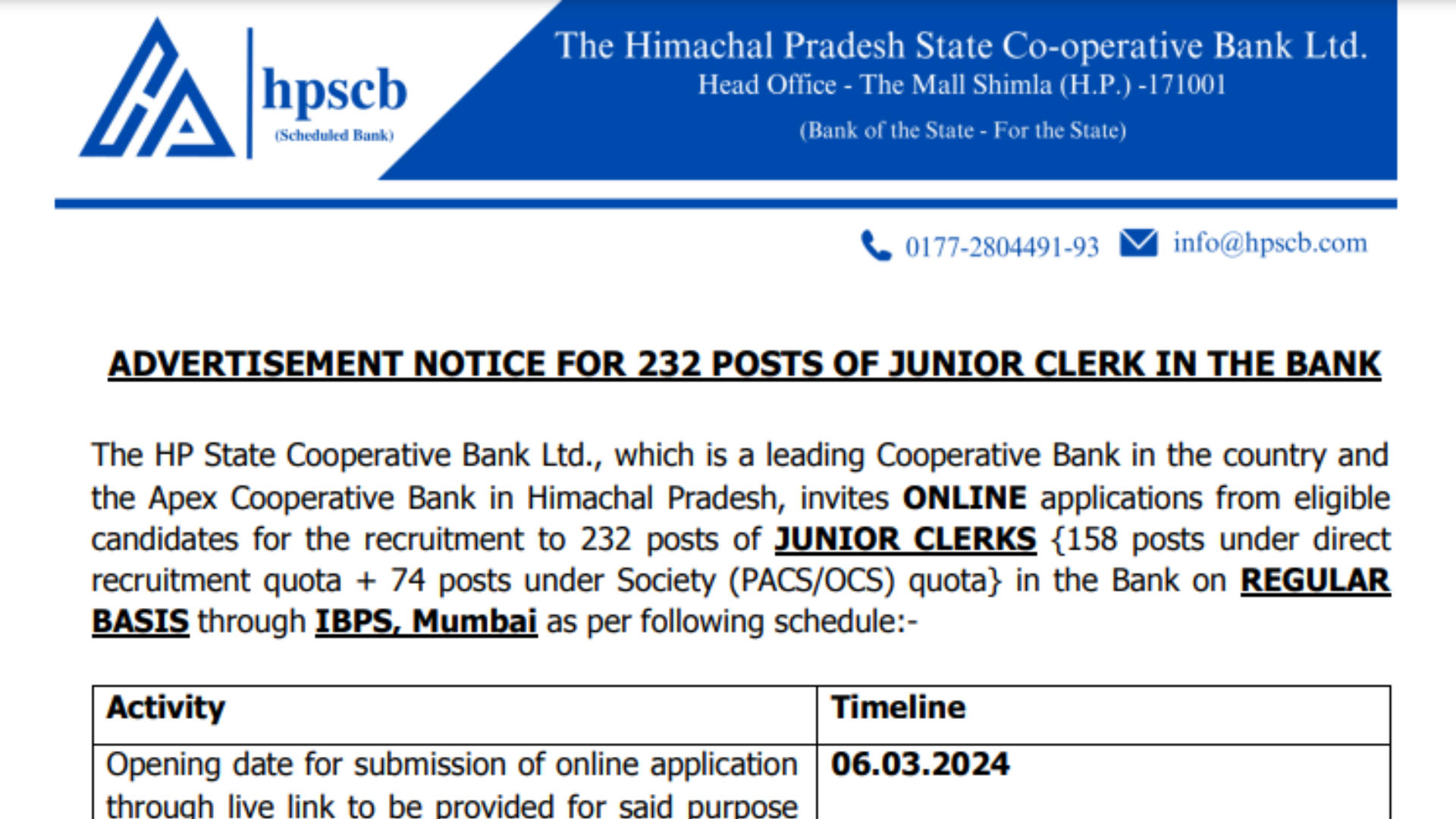 HPSCB Junior Clerk Recruitment 2024 Notification Out for 232 Posts, Apply Online