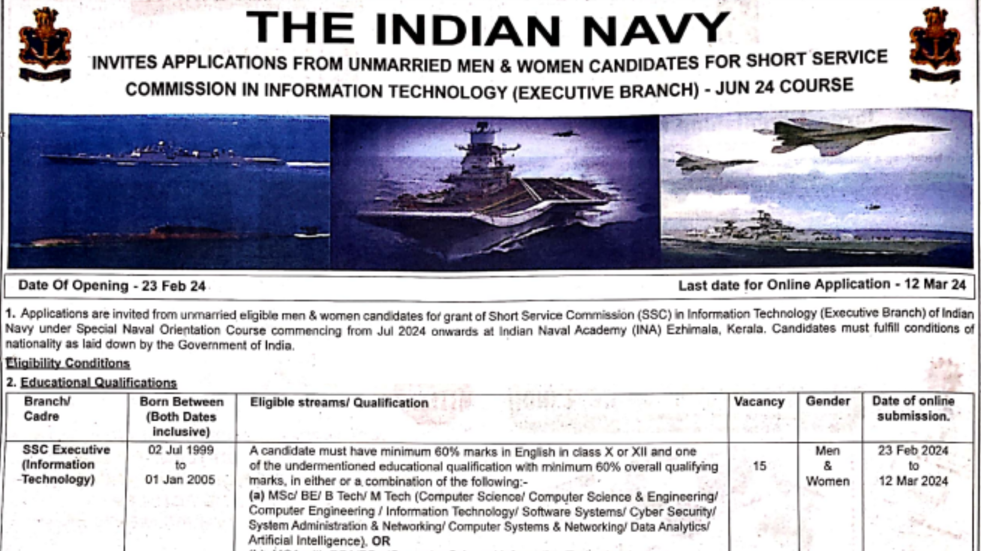 Navy SSC Executive (IT) Officer Recruitment 2024 Notification Out, Apply Online