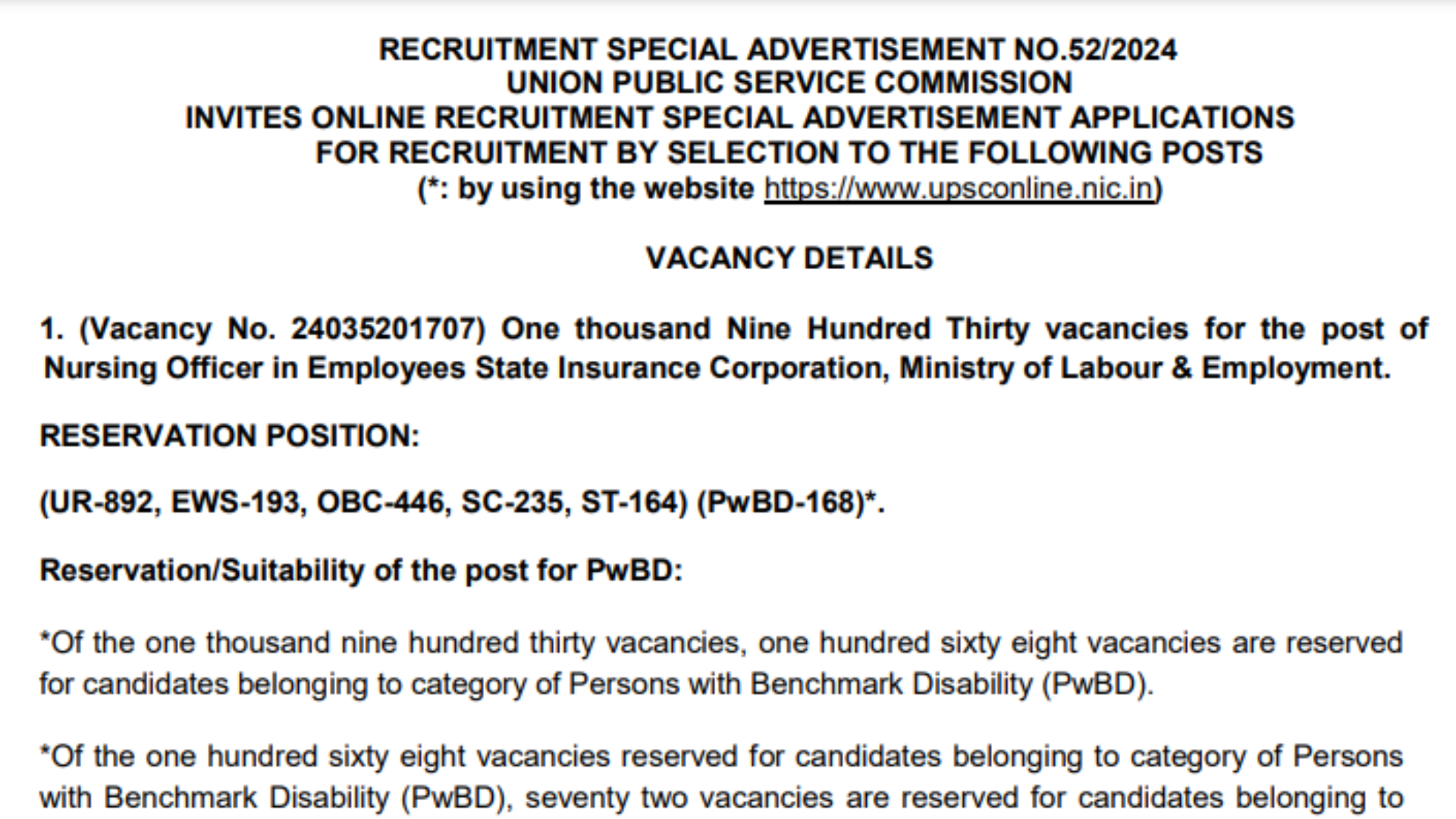 UPSC ESIC Nursing Officer Recruitment 2024 Notification Out for 1930 Posts, Apply Online