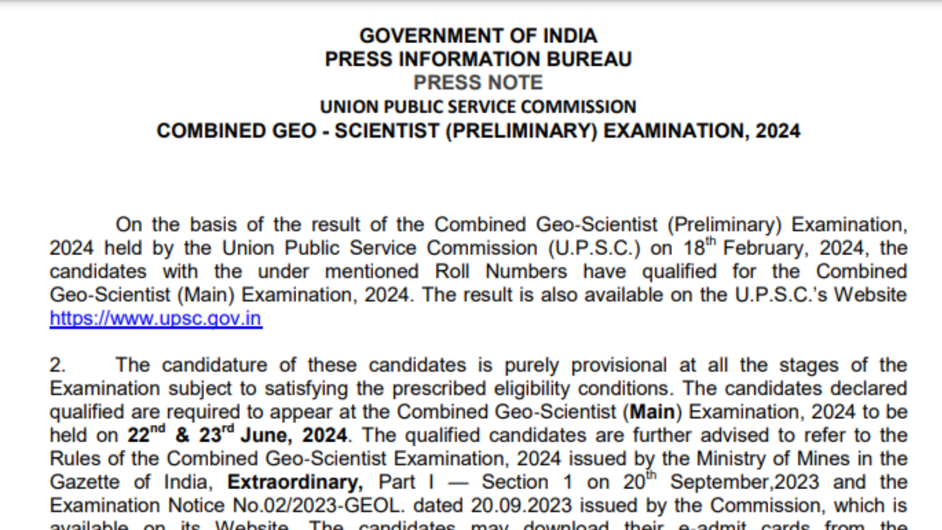 UPSC Combined Geo Scientist Examination 2024 Pre Result for 56 Post