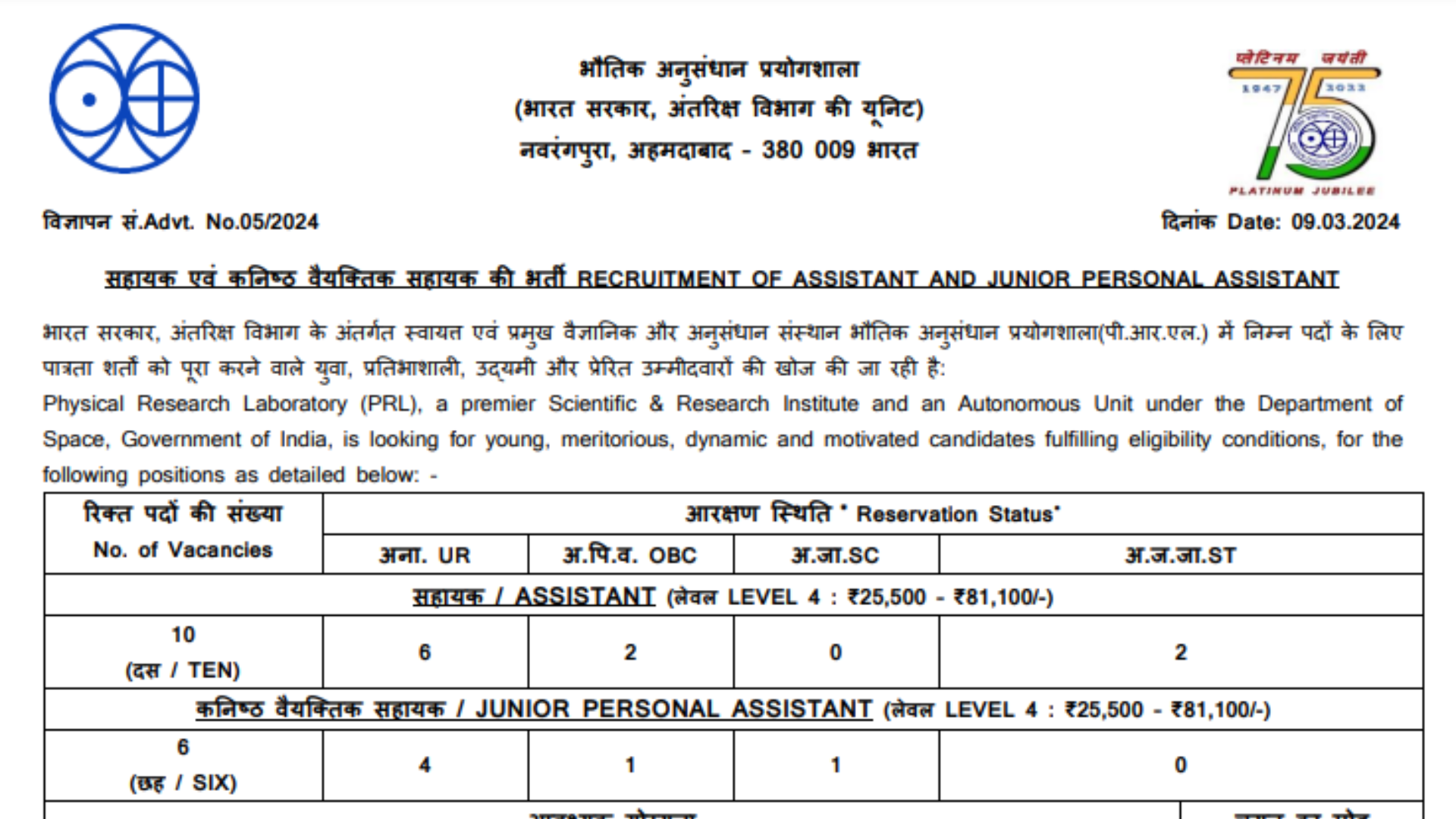 PRL Assistant and Junior Personal Assistant Recruitment 2024 Apply Online for 16 Post