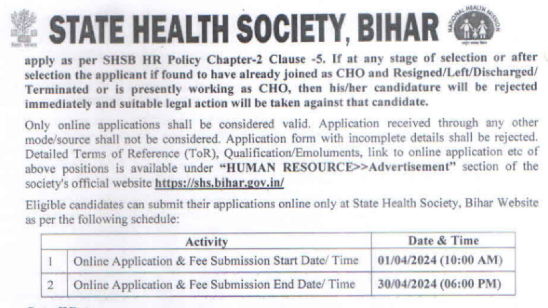Bihar State Health Society SHS Community Health Officer CHO Recruitment 2024 Apply Online for 4500 Post