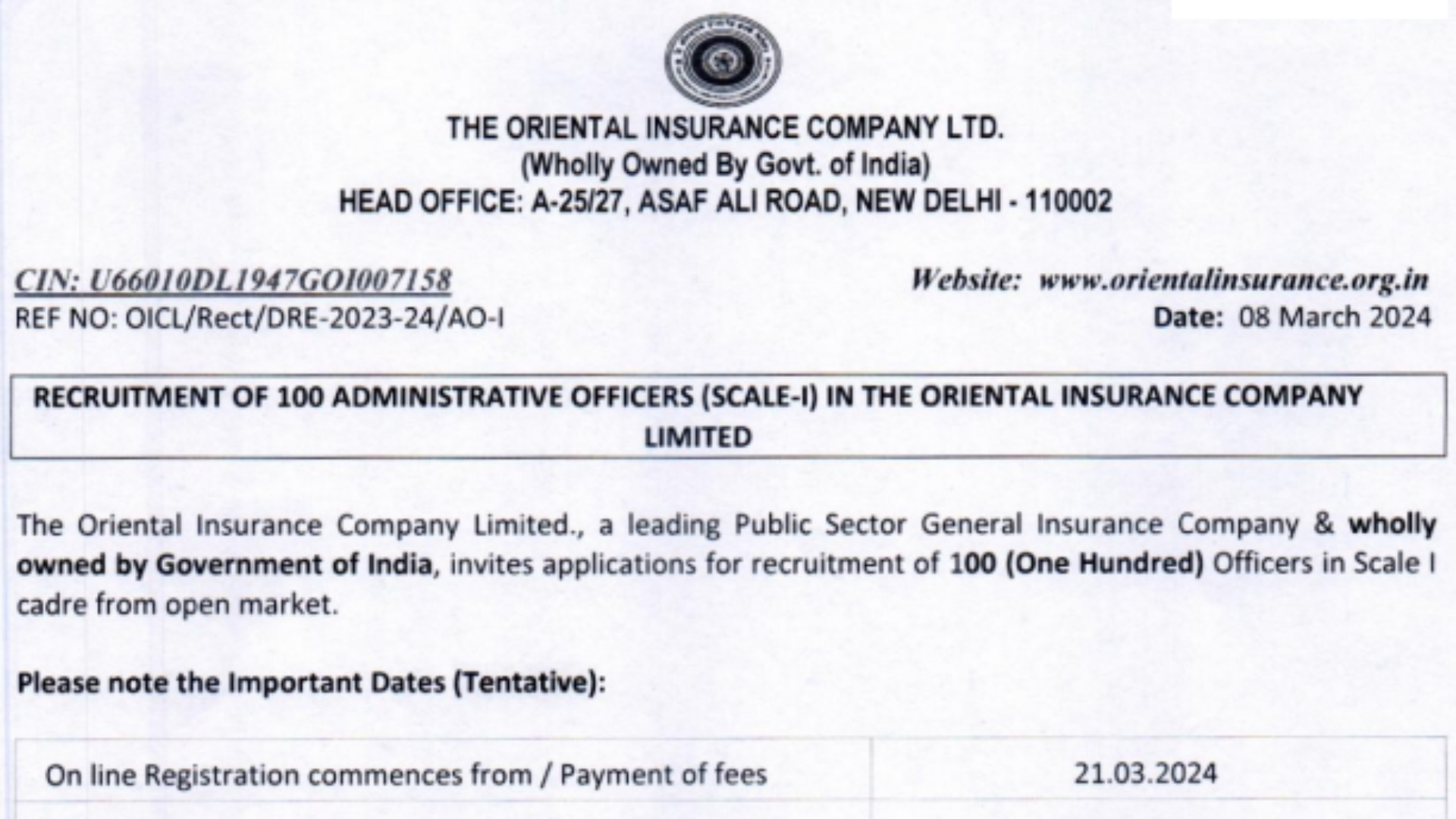 OICL AO Recruitment 2024 Notification Out for 100 Posts, Apply Online