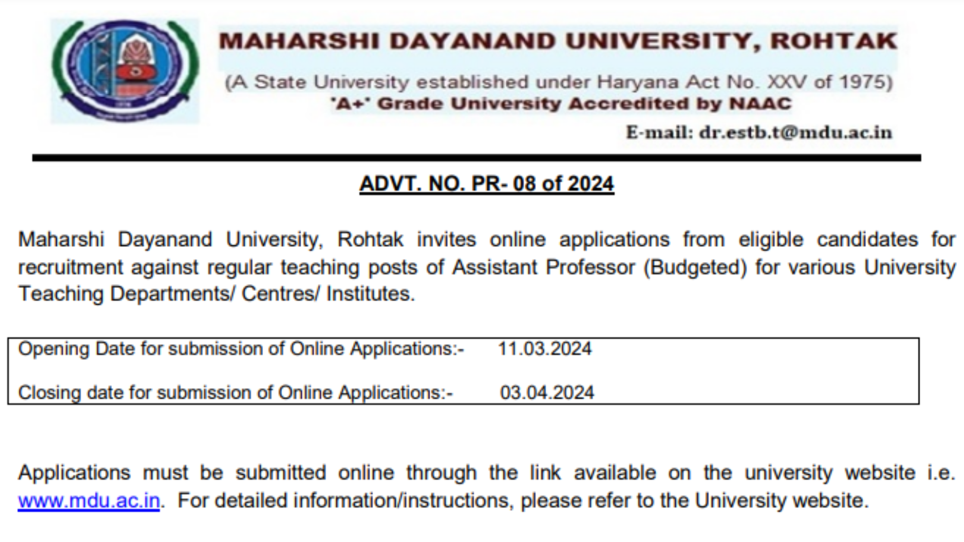 MDU Assistant Professor Recruitment 2024 Notification and Online Application Form
