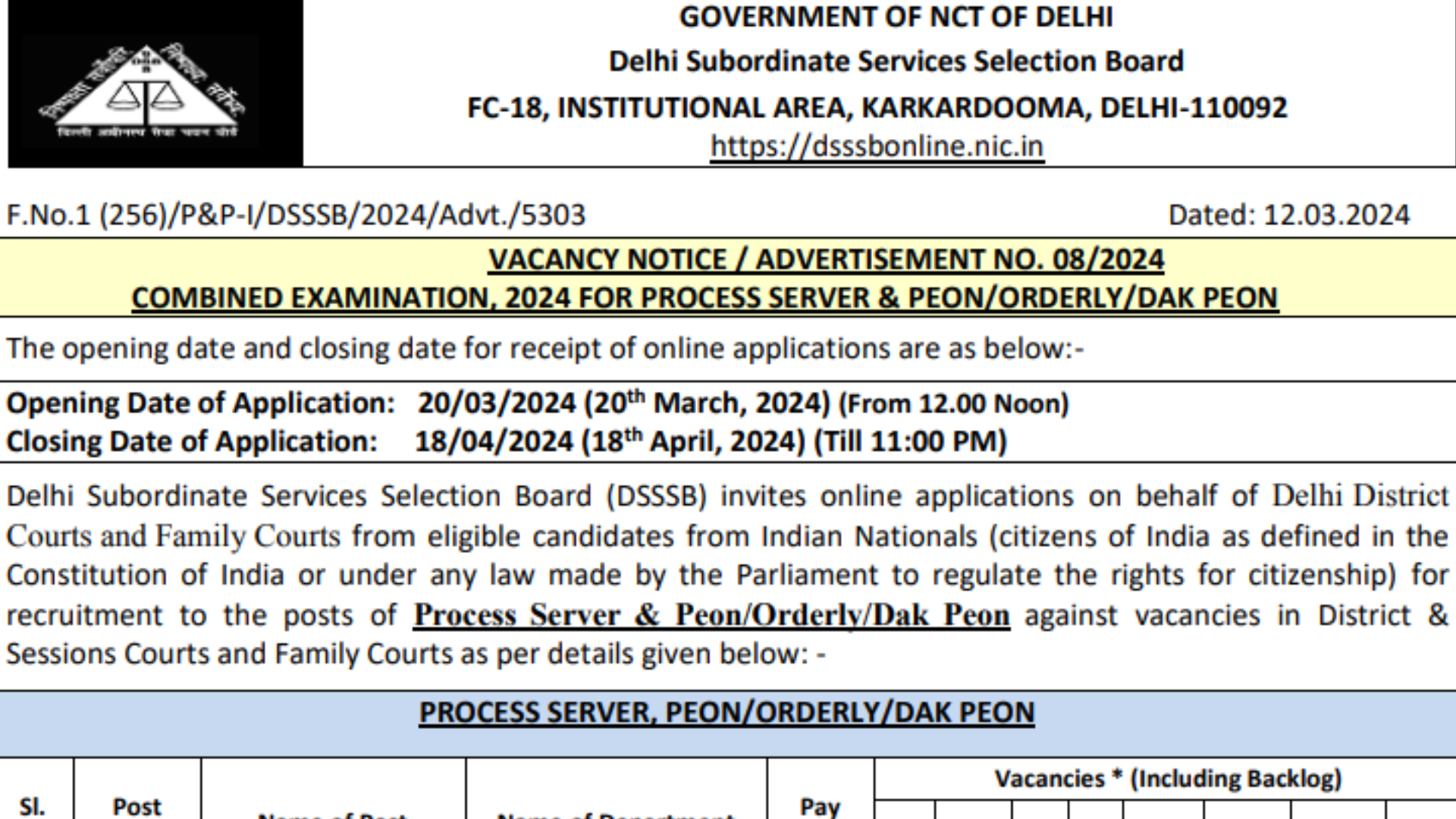 DSSSB Advt 8/2024 Notification Out for Peon, Process Server Posts, Apply Online