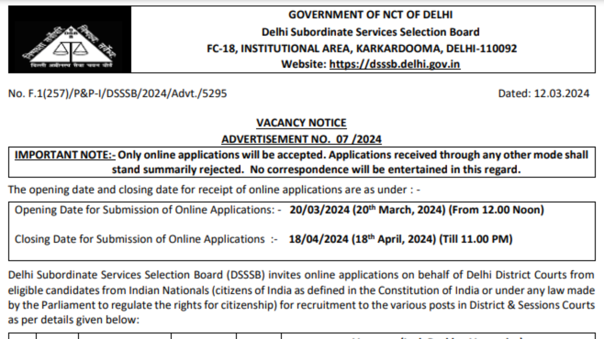 DSSSB Advt 7/2024 Notification Out for Driver, Sweeper, DEO Posts, Apply Online