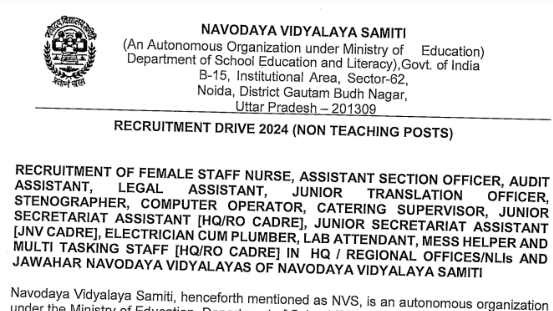NVS Recruitment 2024 Non-Teaching Posts Notification, Form Correction