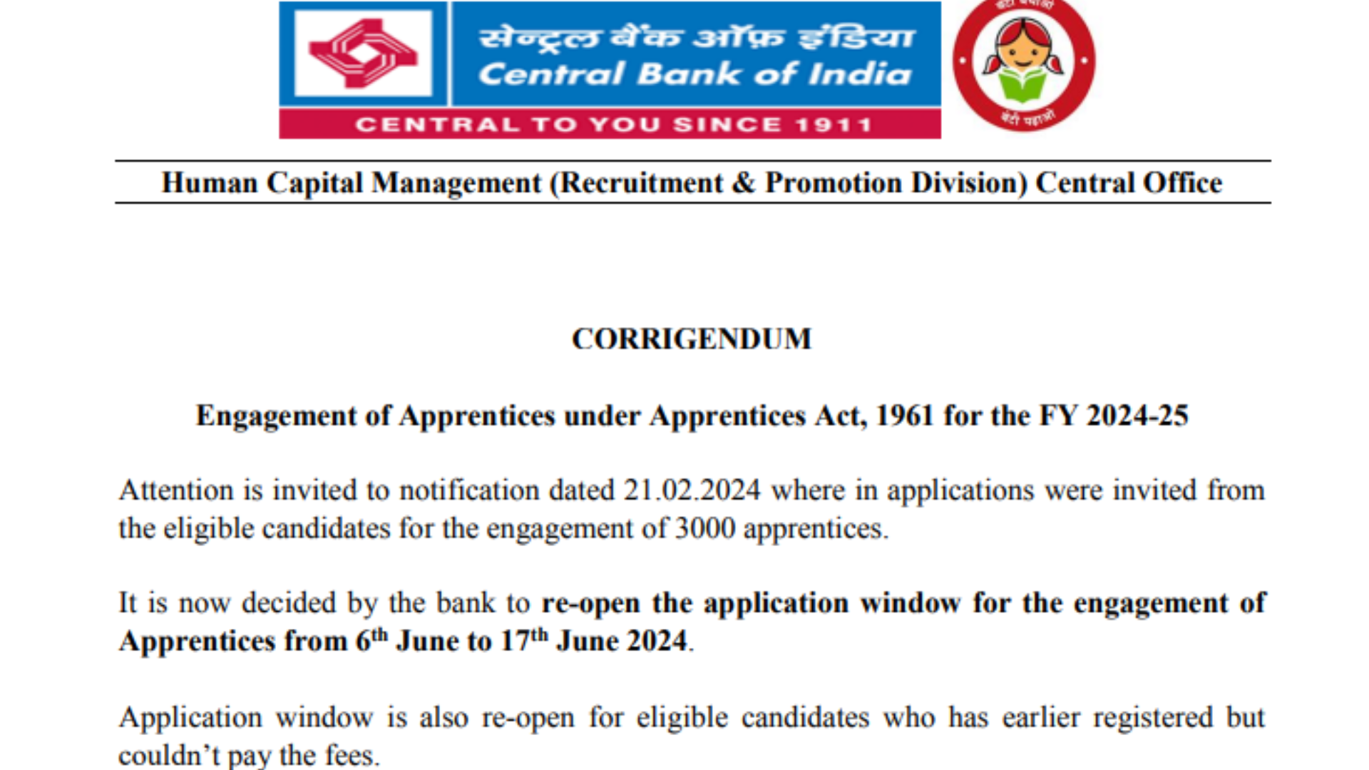Central Bank of India CBI Apprentices Recruitment 2024 Apply Online Re Open for 3000 Post