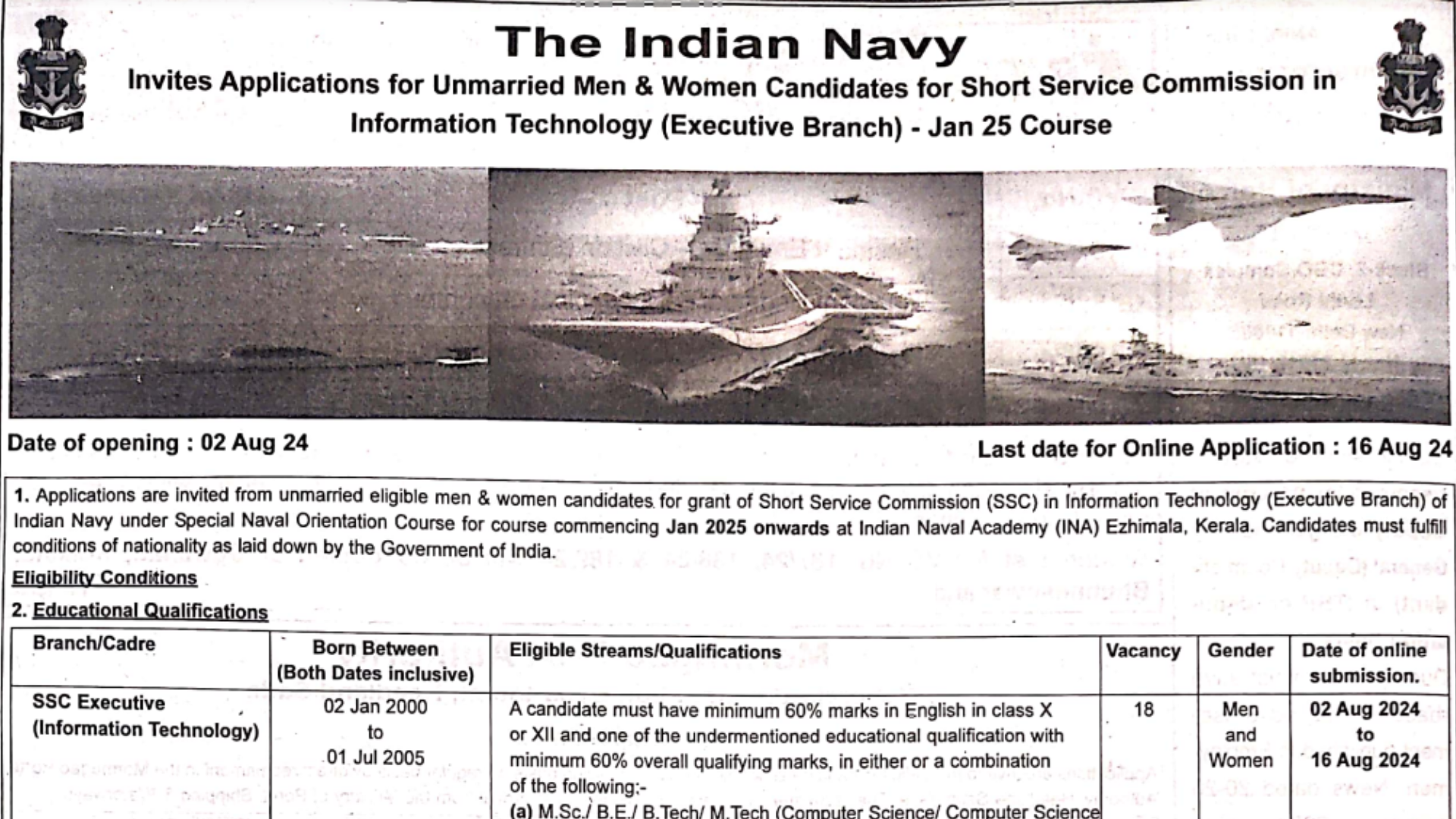 Navy SSC Executive IT Officer Recruitment 2024 Notification and Online Application Form