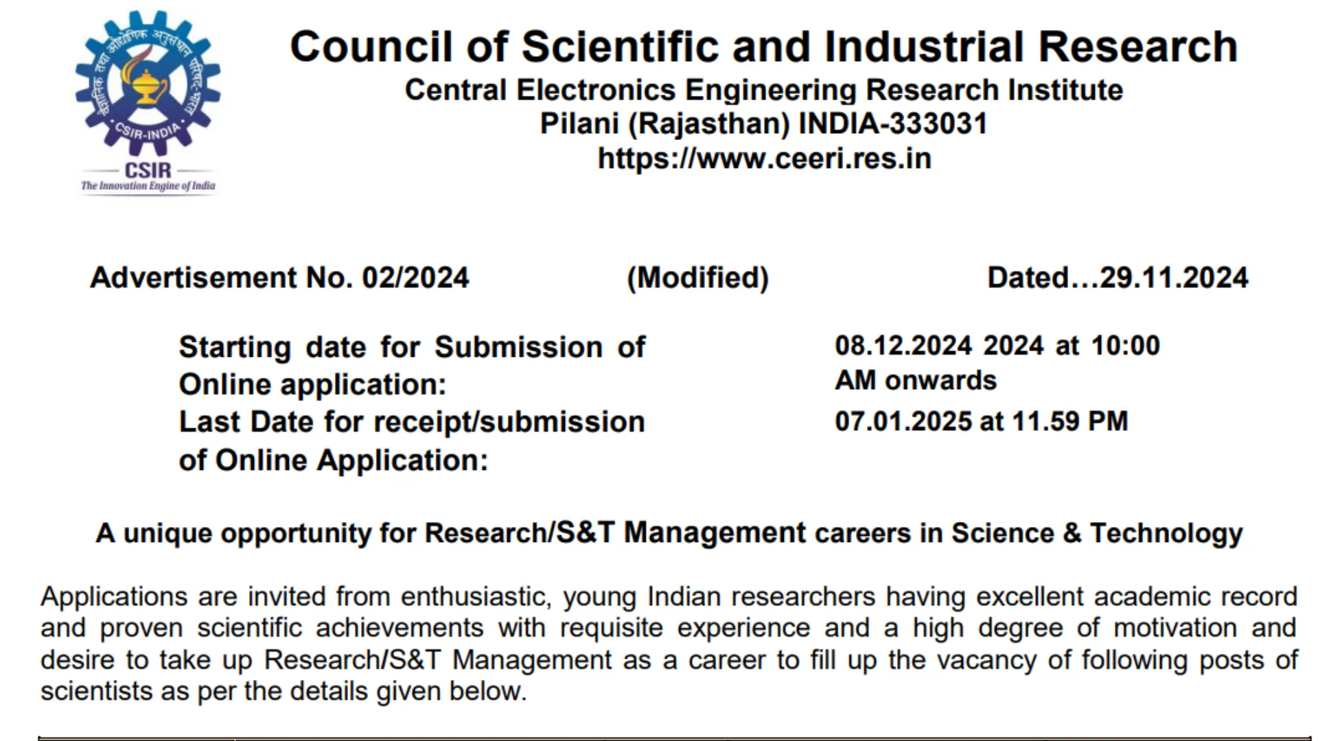 CSIR-CEERI Recruitment 2024 Notification Out for Scientist, Technical Assistant (Technician) Posts, Apply Online