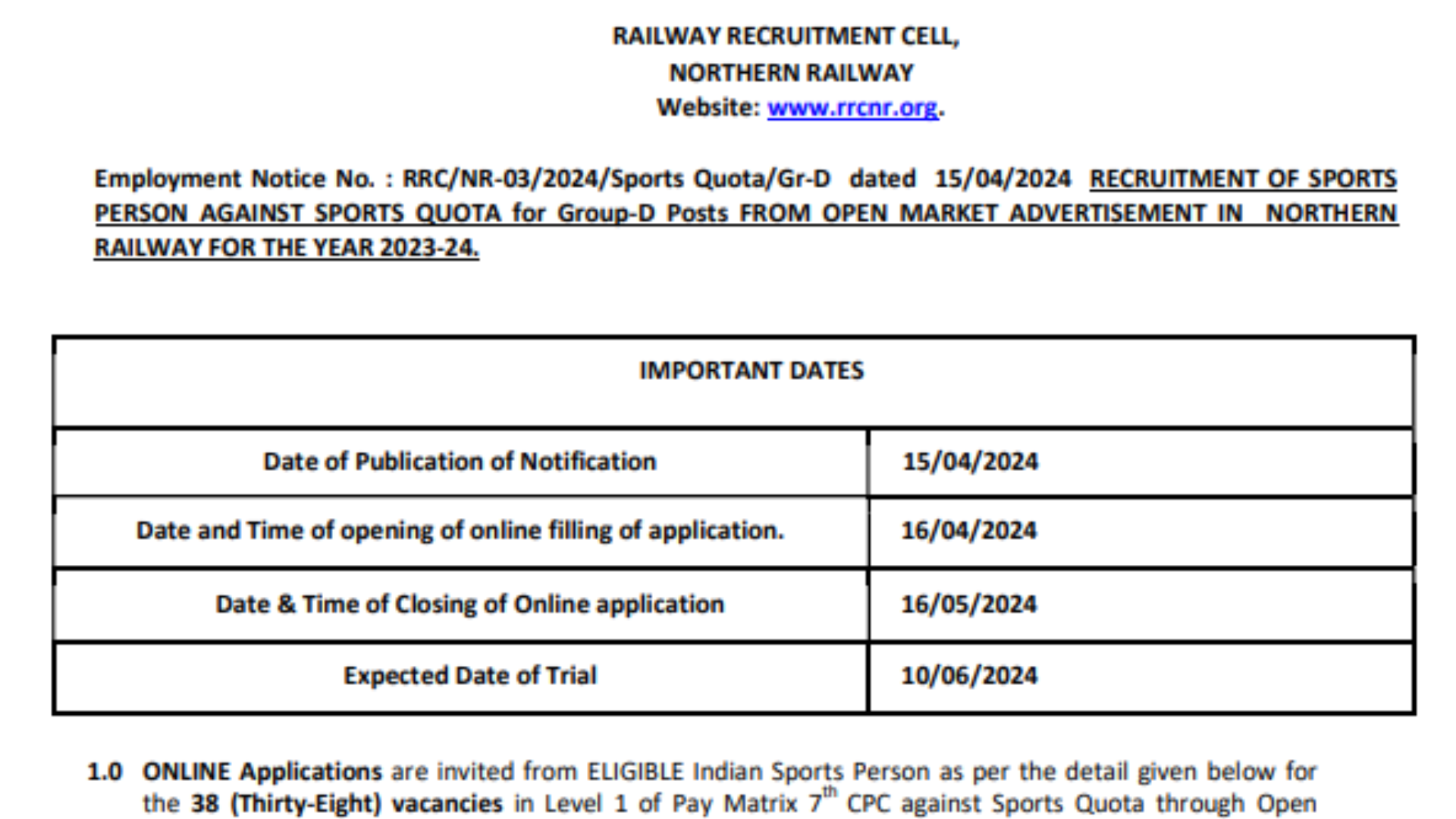Railway RRC NR Group D Sports Quota Recruitment 2024 Notification and Online Form