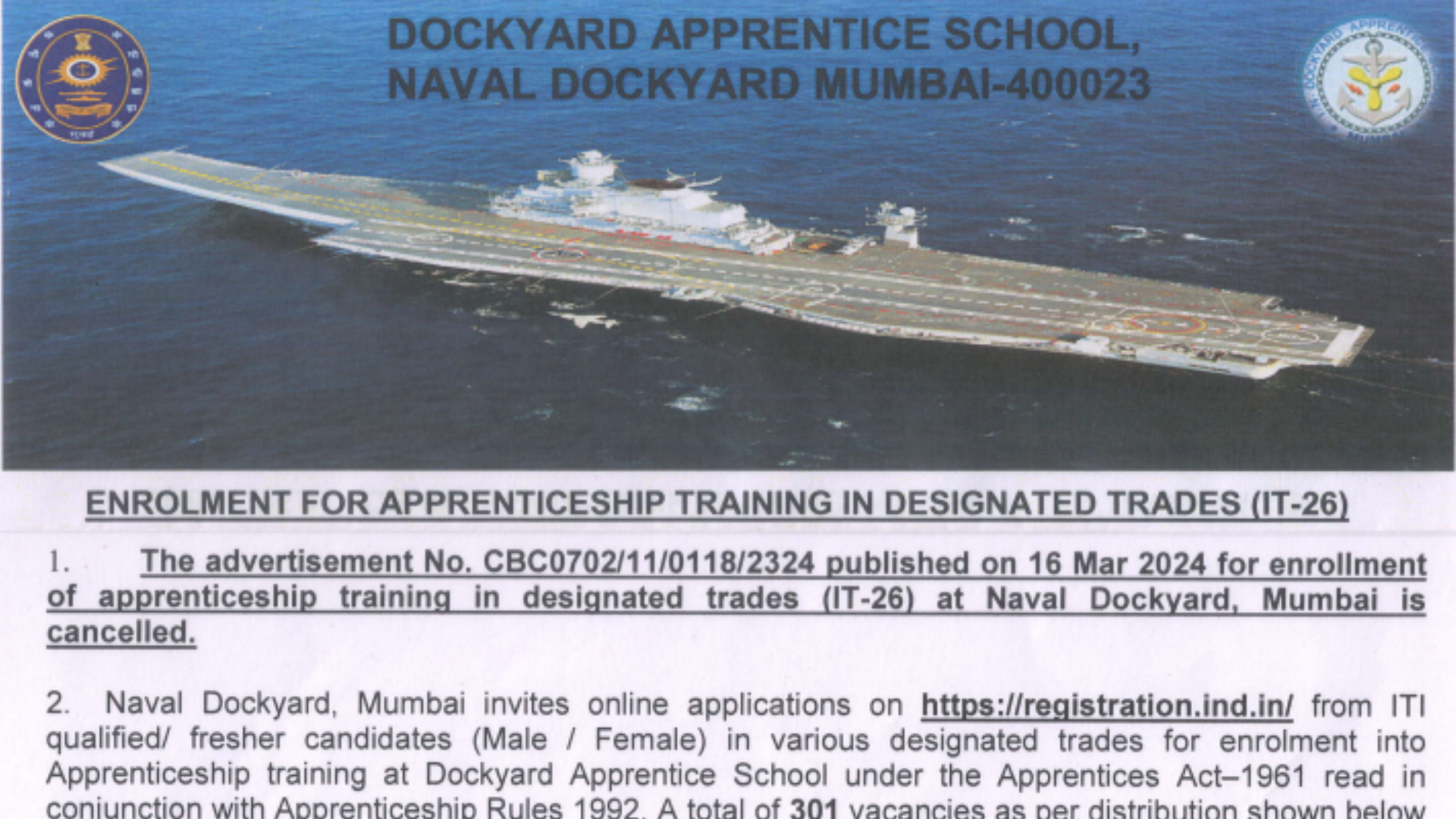 Naval Dockyard Apprentice Vacancy 2024 Notification and Online Application Form