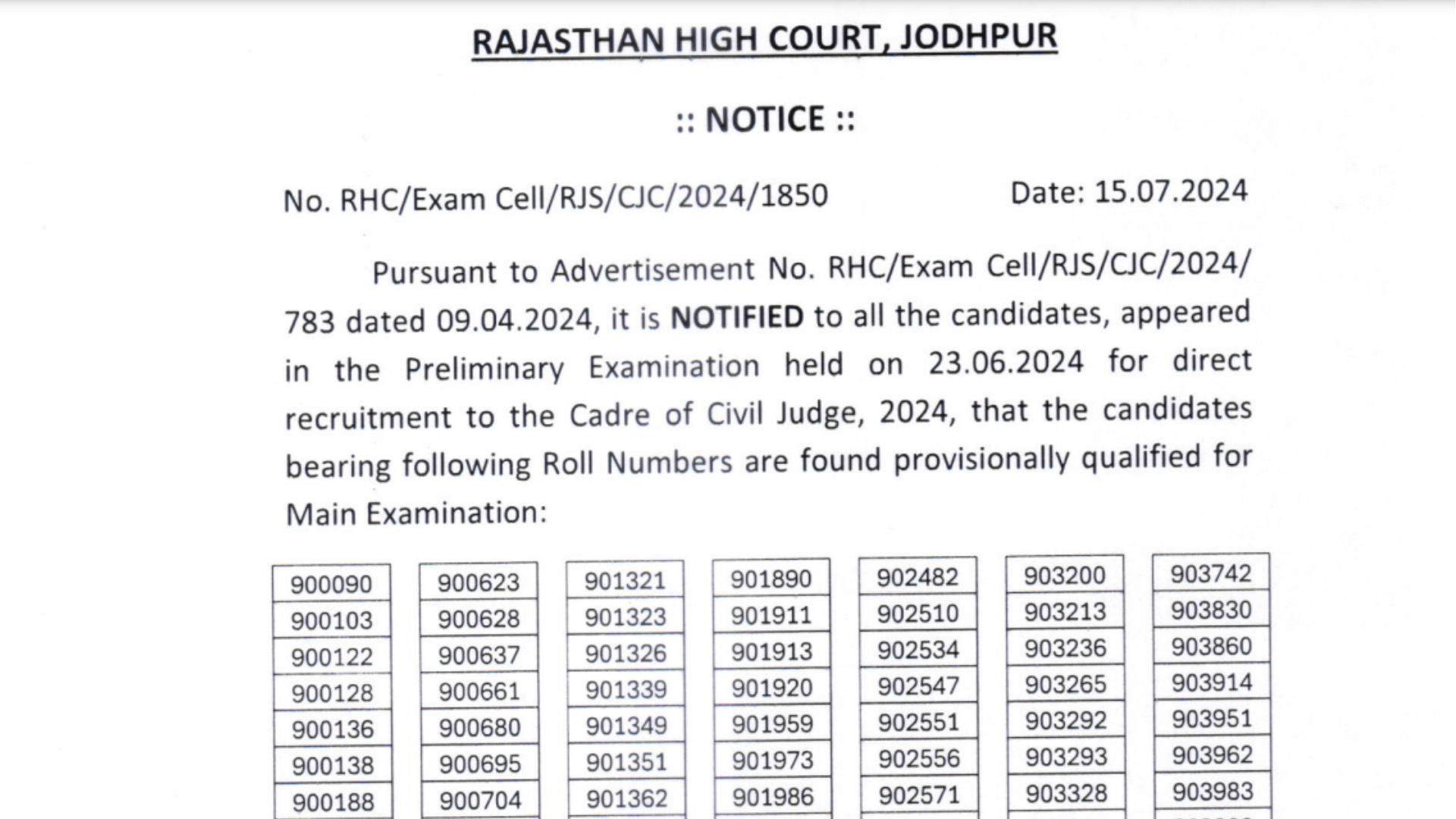 Rajasthan High Court RHC Civil Judge Recruitment 2024 Download Pre Result for 222 Post