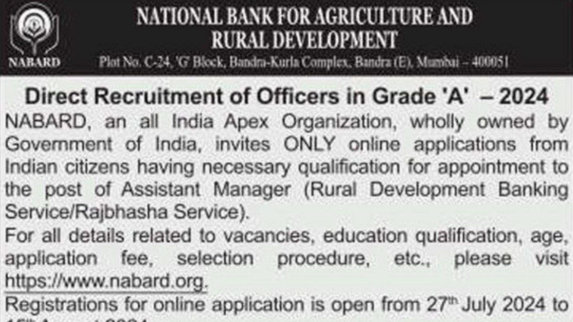 NABARD Grade A Notification 2024 Out for Assistant Manager, Apply Online from 27 July