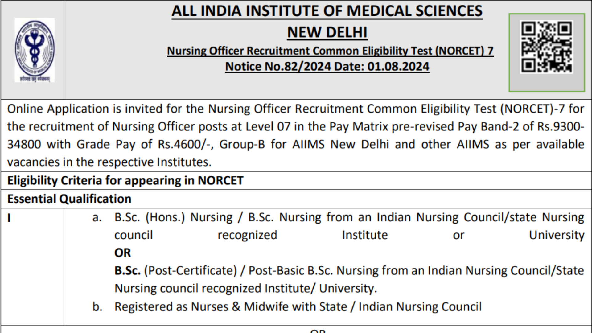 AIIMS NORCET 7th Notification 2024 Out for Nursing Officer Recruitment, Apply Online at aiimsexams.ac.in