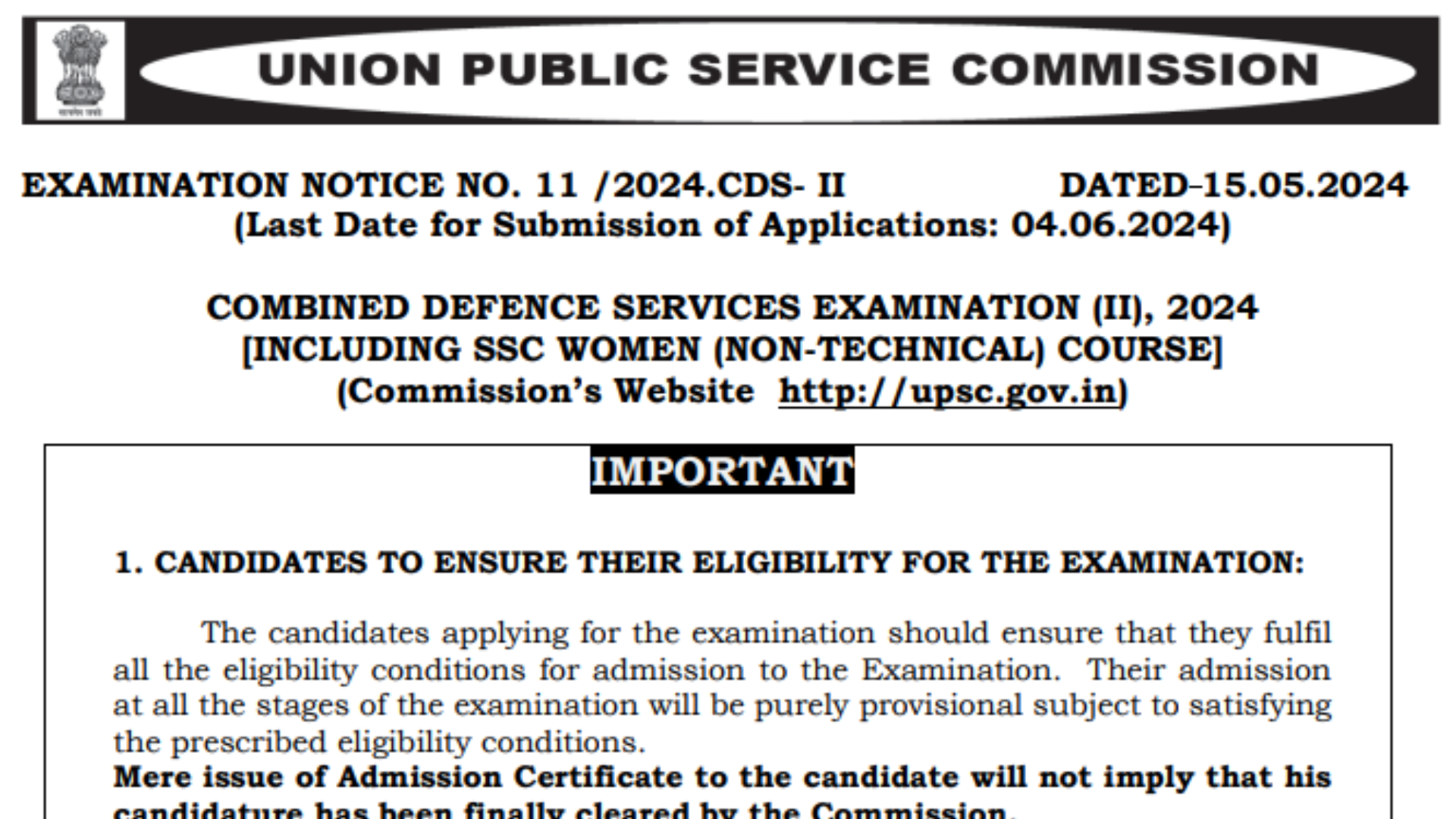 UPSC Combined Defence Service Exam II Second Examination 2024 Apply Online for 459 Post